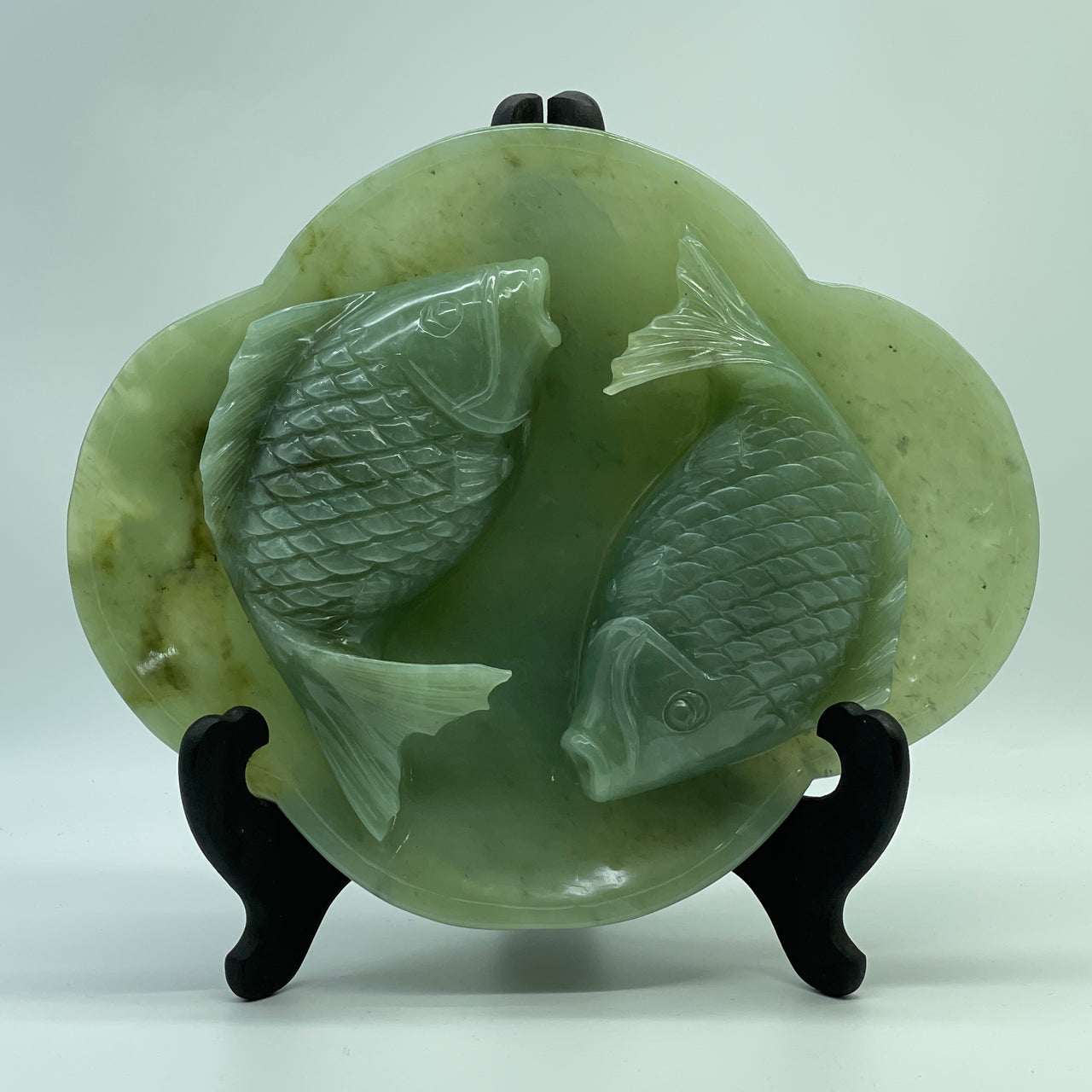 Natural Green Serpentine Double Carp Fish on Plate with Wooden Stand Display 2,601.9g 273.0 by 114.0 by 252.0mm