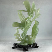 Natural Green Serpentine 3 Magpie Birds on Tree with Wooden Stand Display 569.6g 141.0 by 242.0 by 78.0mm - Huangs Jadeite and Jewelry Pte Ltd
