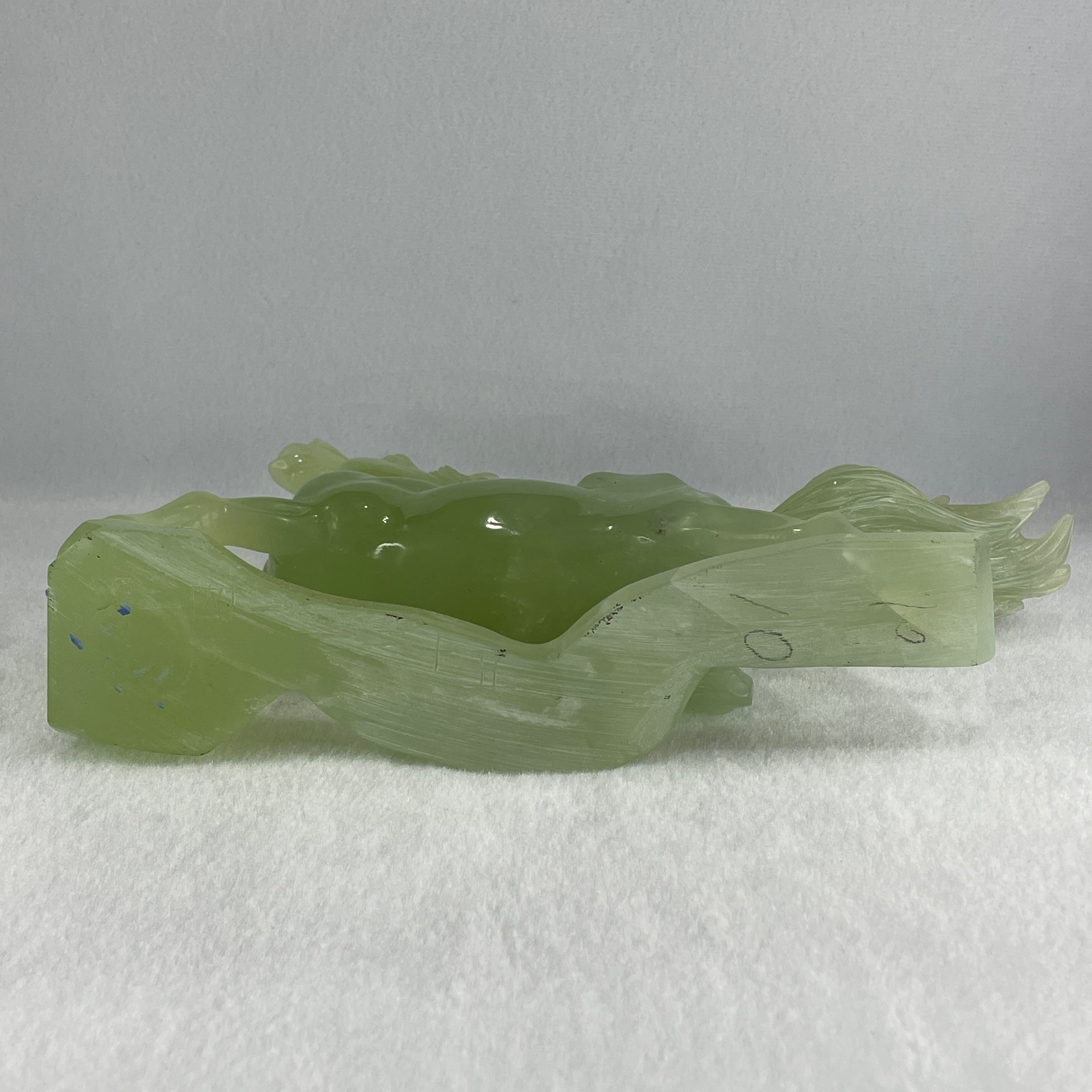 Natural Light Green Serpentine Victory Horse with Wooden Stand Display 1,274.6g 255.0 by 90.0 by 183.0mm - Huangs Jadeite and Jewelry Pte Ltd