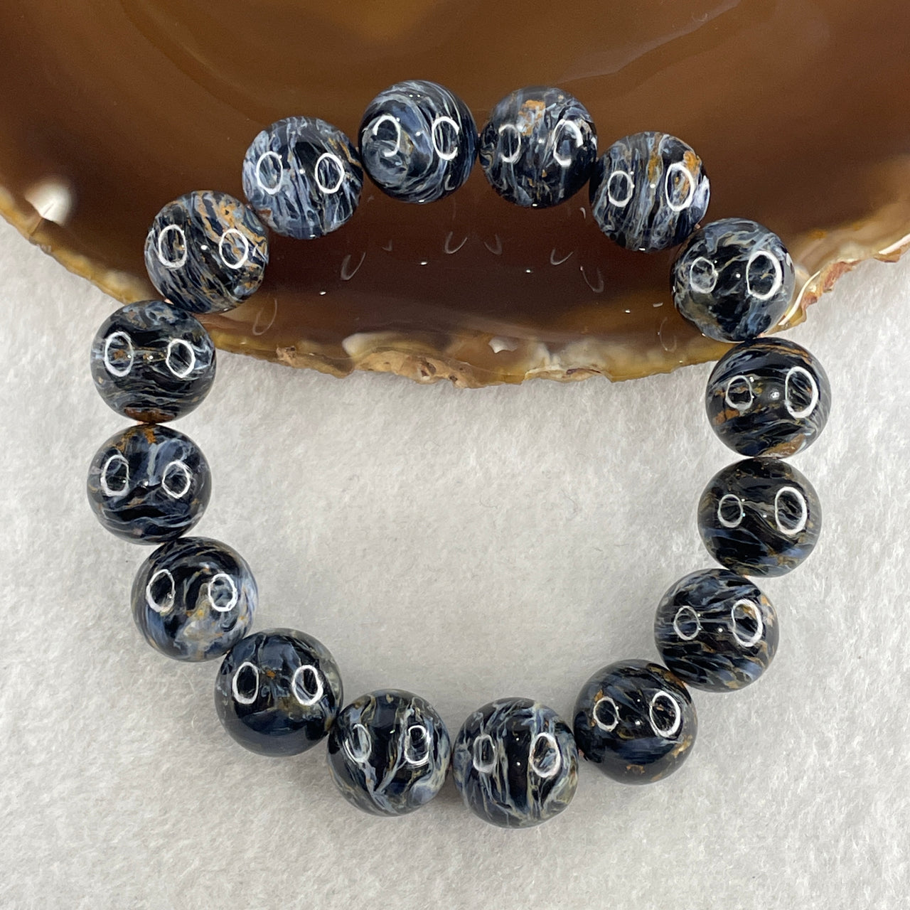 Certified Very Good Grade Natural Blue Pietersite Beads Bracelet 49.533g 16.5cm 13.4mm 16Beads