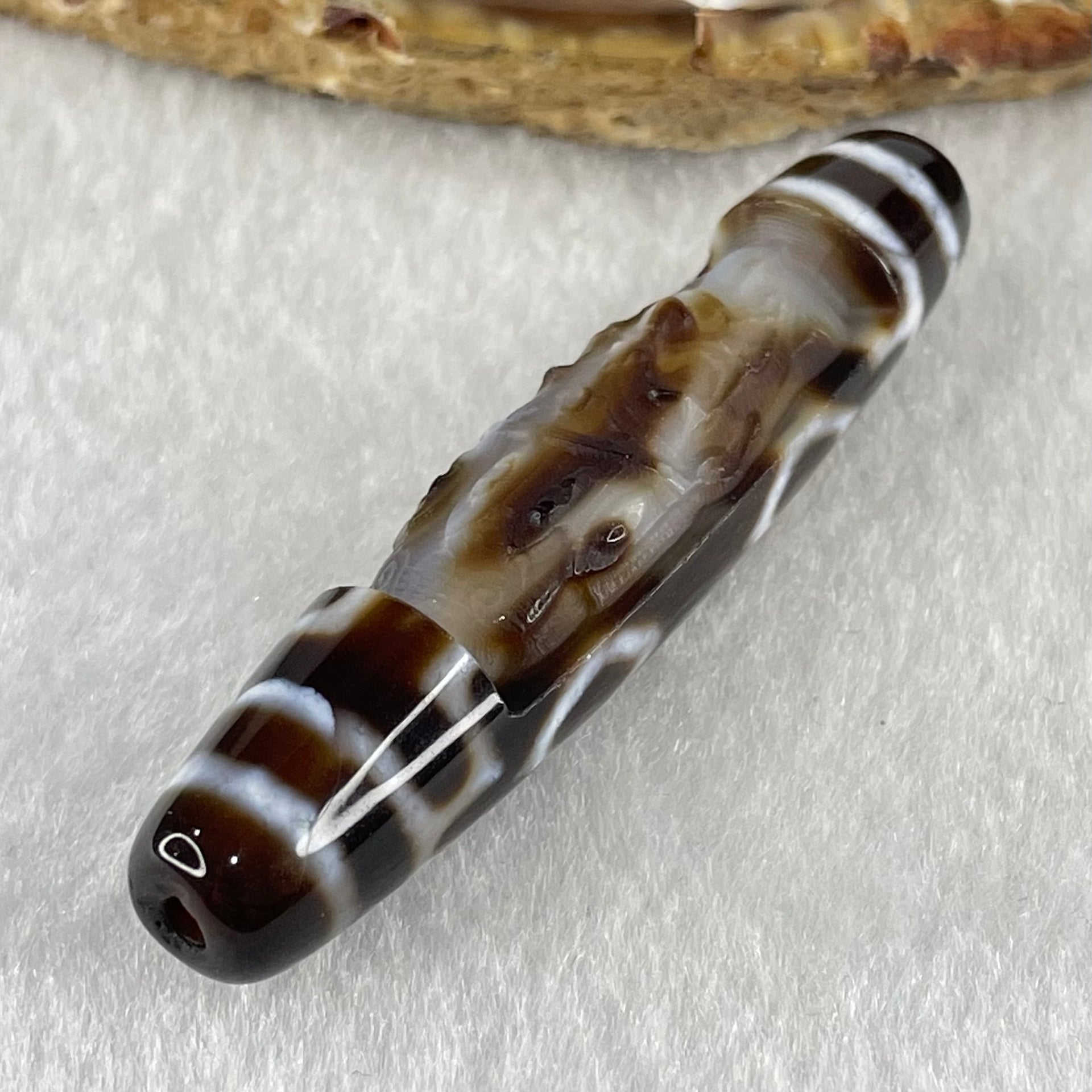 Natural Powerful Tibetan Old Oily Agate 4 Eyes with Zha Ji La Mu Female Cai Shen Carvings Dzi Bead Heavenly Master (Tian Zhu) 四眼扎基拉姆女财神天诛 13.03g 57.9 by 13.0mm - Huangs Jadeite and Jewelry Pte Ltd