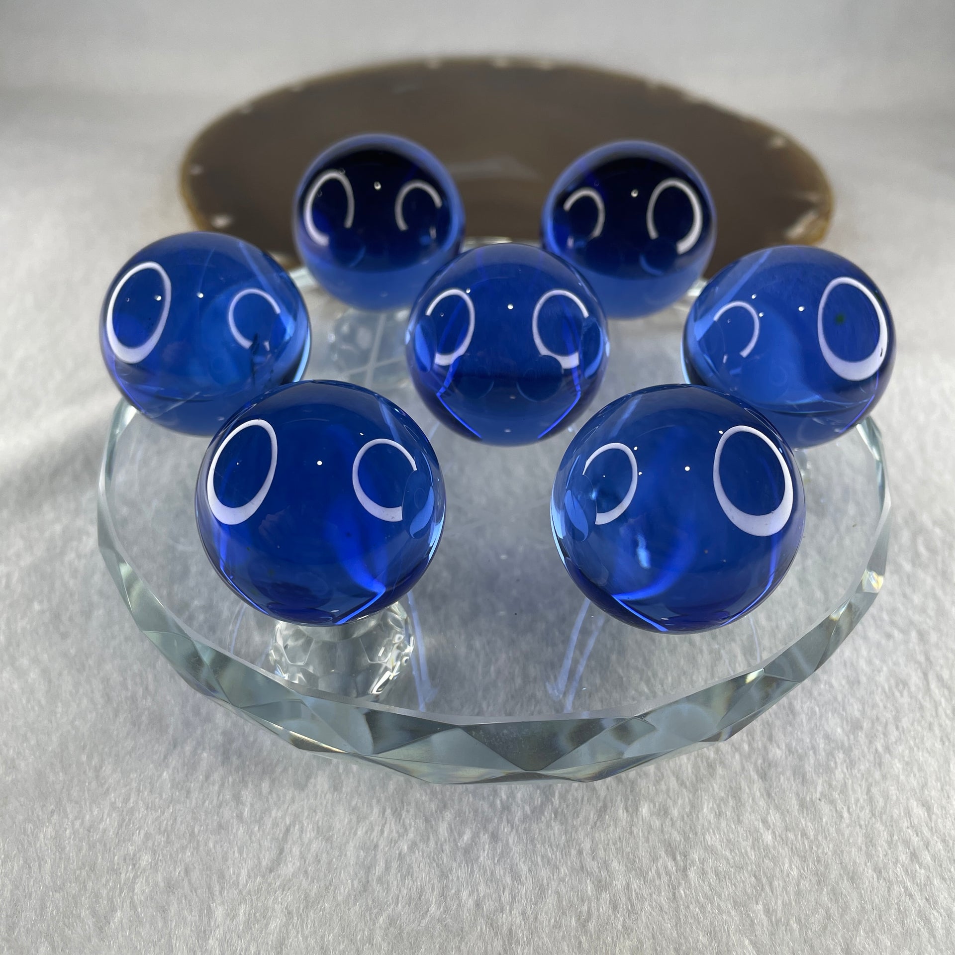 Blue Liuli 7 Sphere Balls 29.4mm Set with 7 Star Base Display 557.3g 119.5 by 55.5mm - Huangs Jadeite and Jewelry Pte Ltd