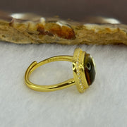 Natural Green Amber with Milk and Yellow Inclusions in S925 Sliver Gold Color Ring (Adjustable Size) 2.74g 9.0 by 3.0mm - Huangs Jadeite and Jewelry Pte Ltd