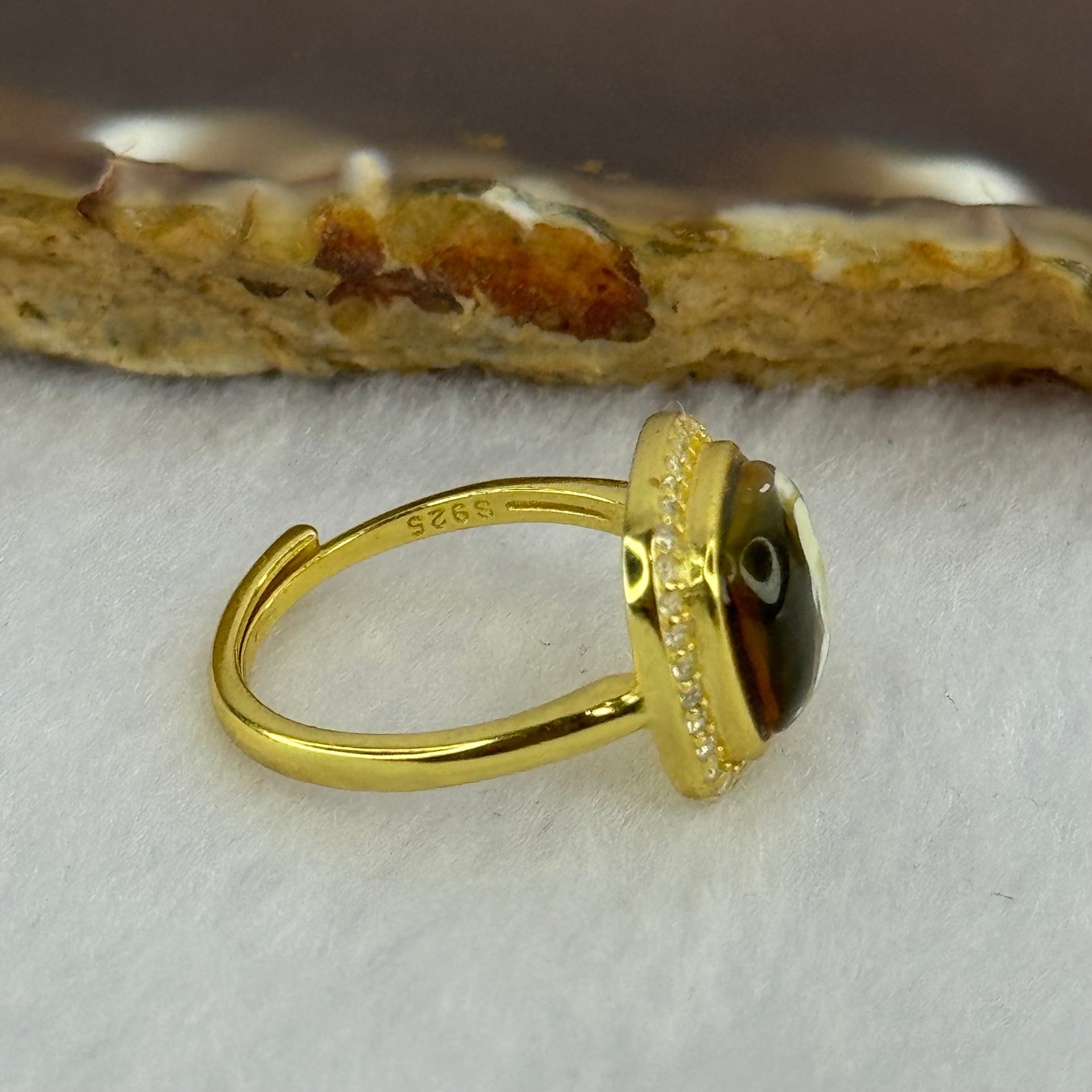 Natural Green Amber with Milk and Yellow Inclusions in S925 Sliver Gold Color Ring (Adjustable Size) 2.74g 9.0 by 3.0mm - Huangs Jadeite and Jewelry Pte Ltd