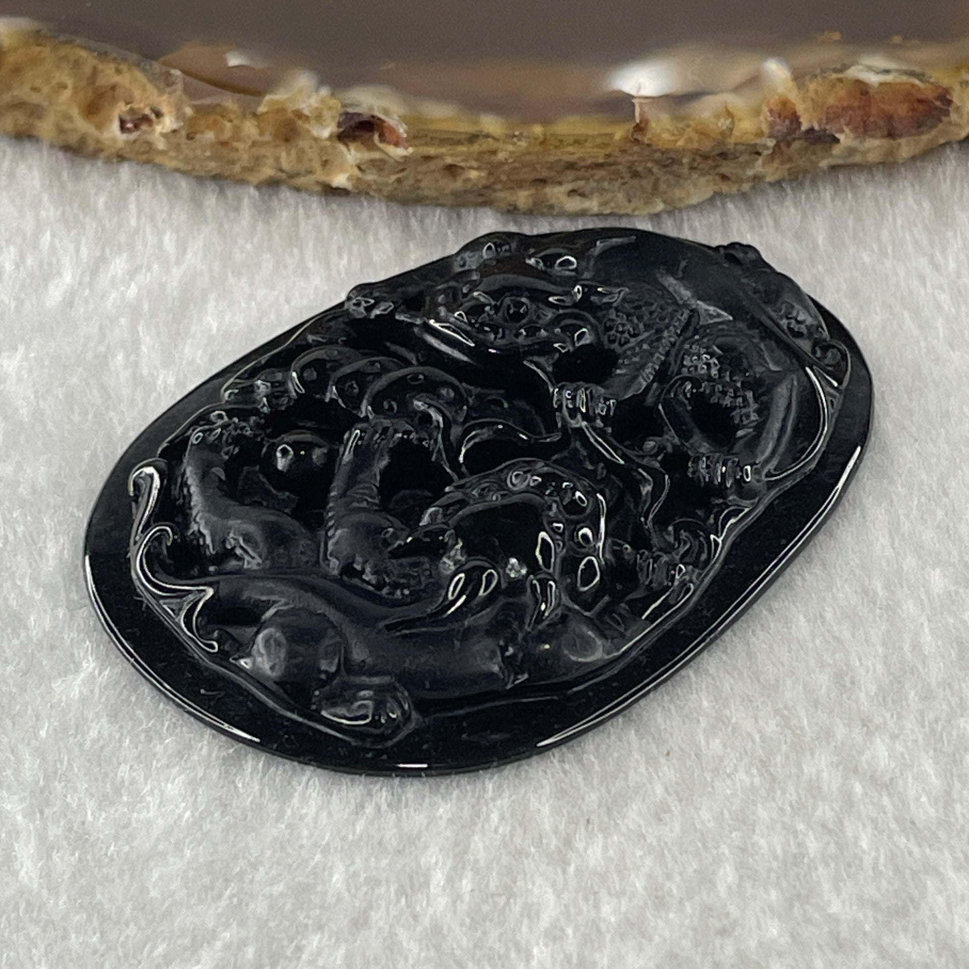 Type A Opaque to Partial Translucent Black Omphacite Jadeite Pixiu Pair with Coins Pendant 19.06g 53.4 by 38.5 by 7.6mm - Huangs Jadeite and Jewelry Pte Ltd
