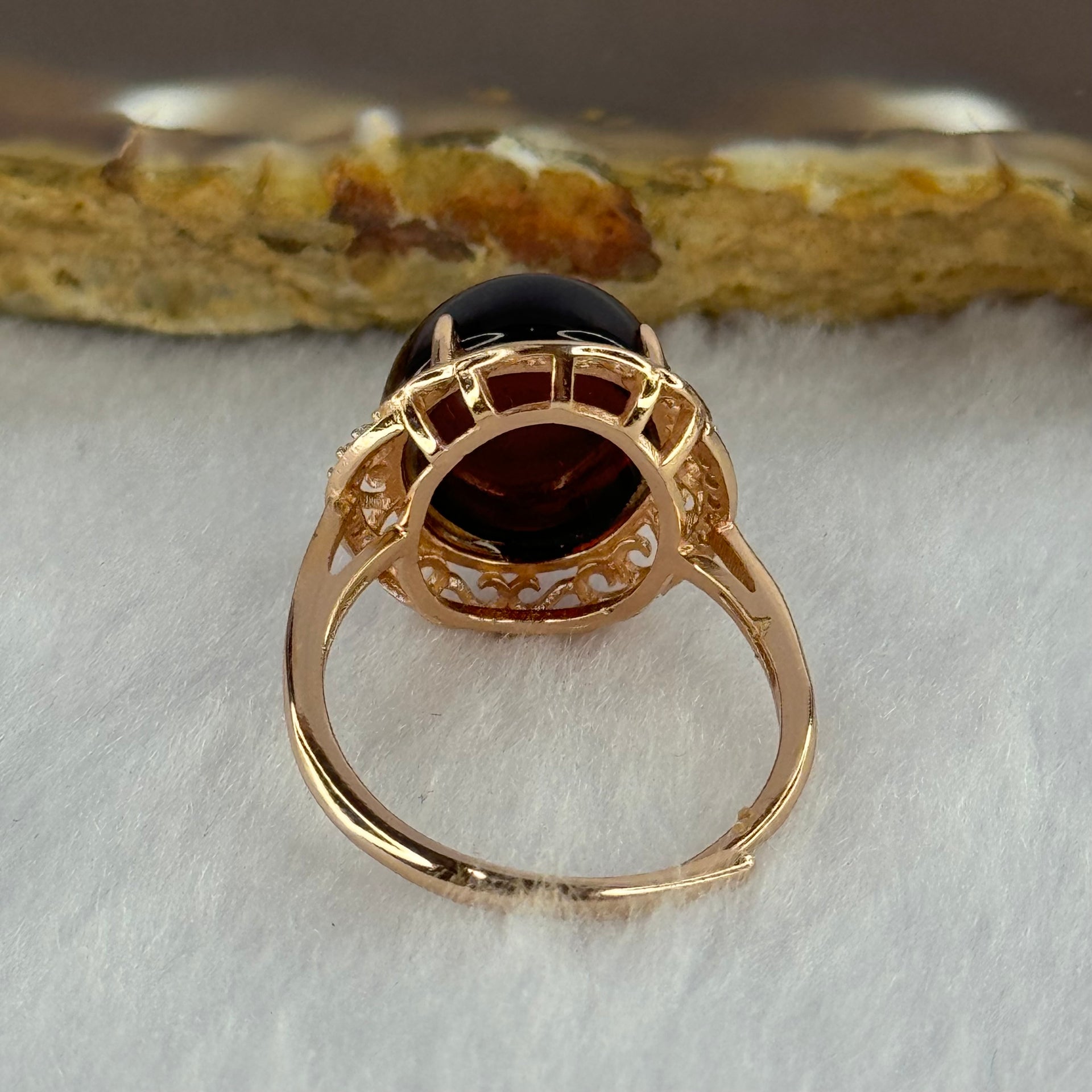Natural Red Blood Amber in S925 Sliver Rose Gold Color Ring (Adjustable Size) 2.39g 12.8 by 11.4 by 6.5mm - Huangs Jadeite and Jewelry Pte Ltd