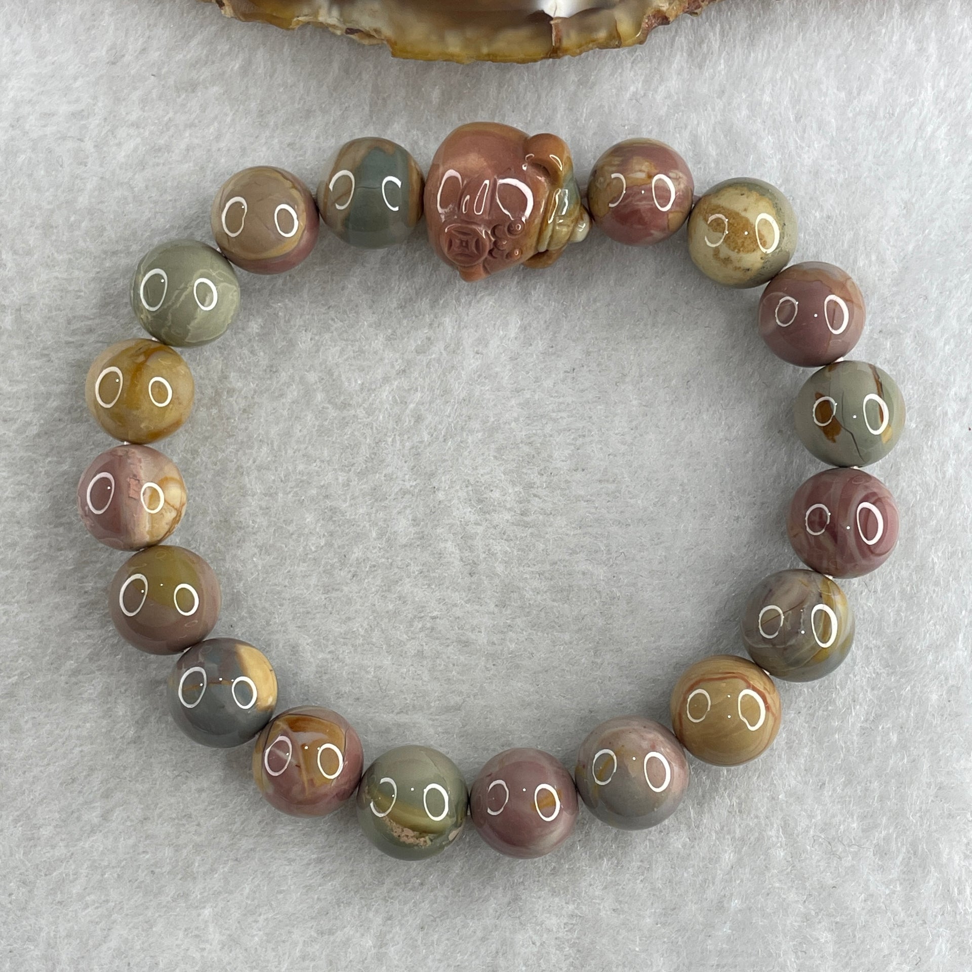 Natural Alashan Agate Pastels Pink Beads with Pig Charm Bracelet 29.54g 16cm 10.2mm 18 Beads - Huangs Jadeite and Jewelry Pte Ltd