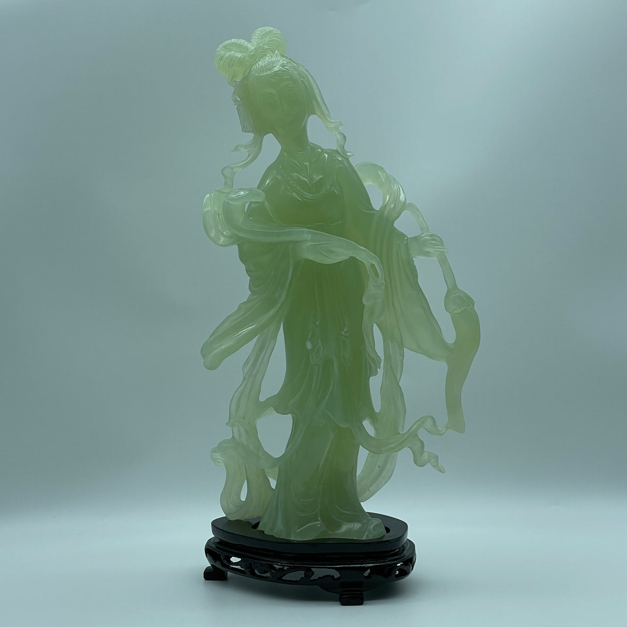 Natural Semi Icy Green Serpentine Fairy and Ruyi with Wooden Stand Display 1,874.1g 183.0 by 95.0 by 336.0mm