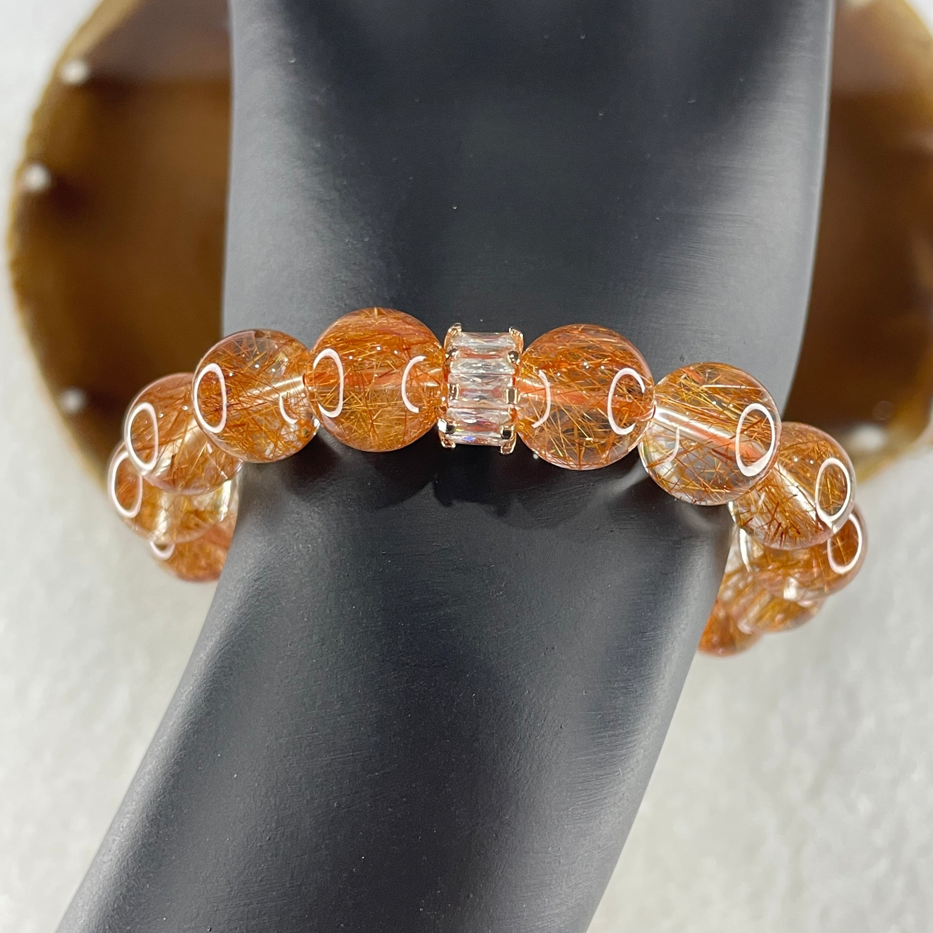 Special Good Grade Natural Reddish Copper Rutilated Quartz Beads Bracelet 36.42g 15cm 11.9mm 16Beads - Huangs Jadeite and Jewelry Pte Ltd