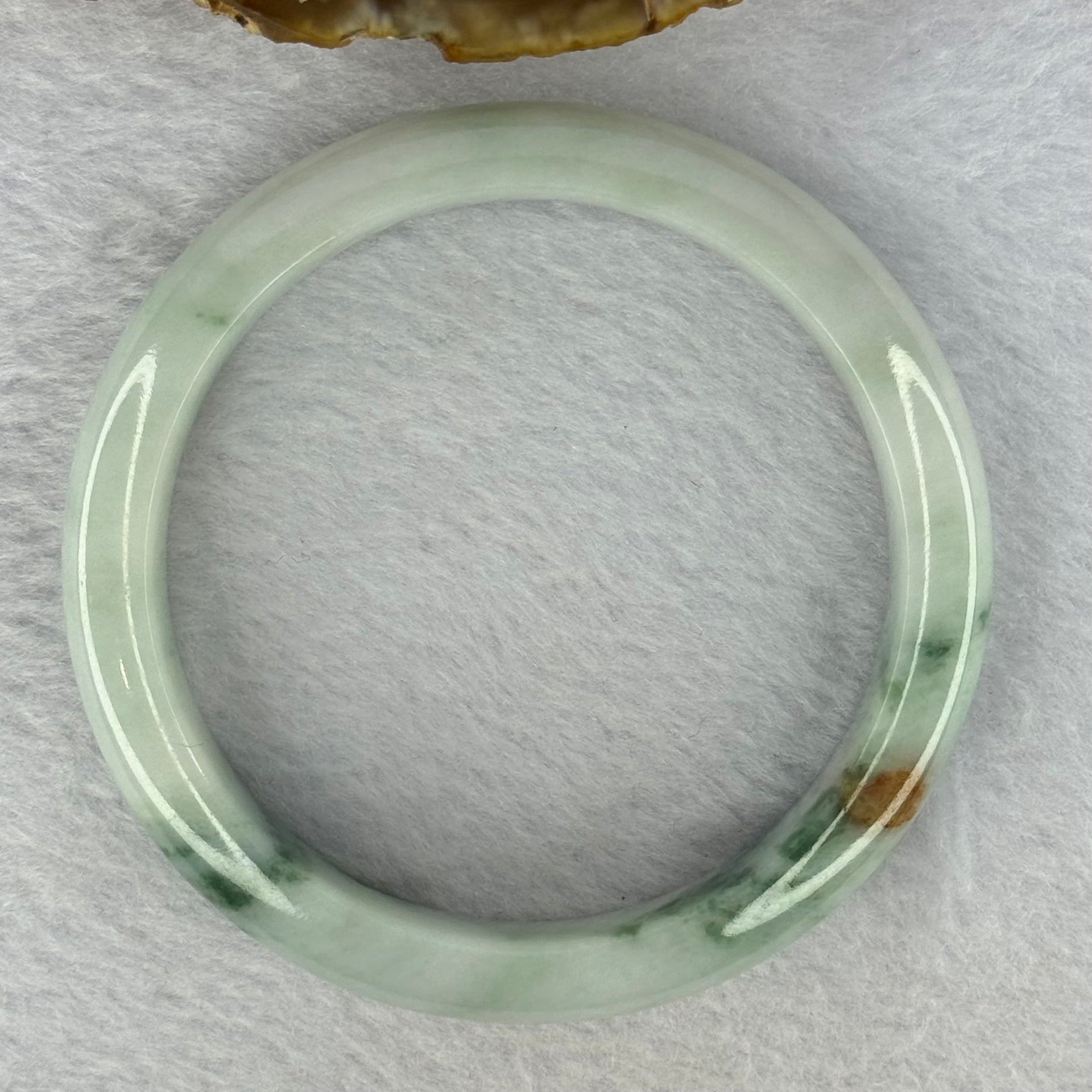 Type A Light Green with Green Piao Hua and Brown Spot Jadeite Bangle Internal Diameter 58.7mm 55.08g 12.4 by 8.5mm (Close to Perfect) - Huangs Jadeite and Jewelry Pte Ltd