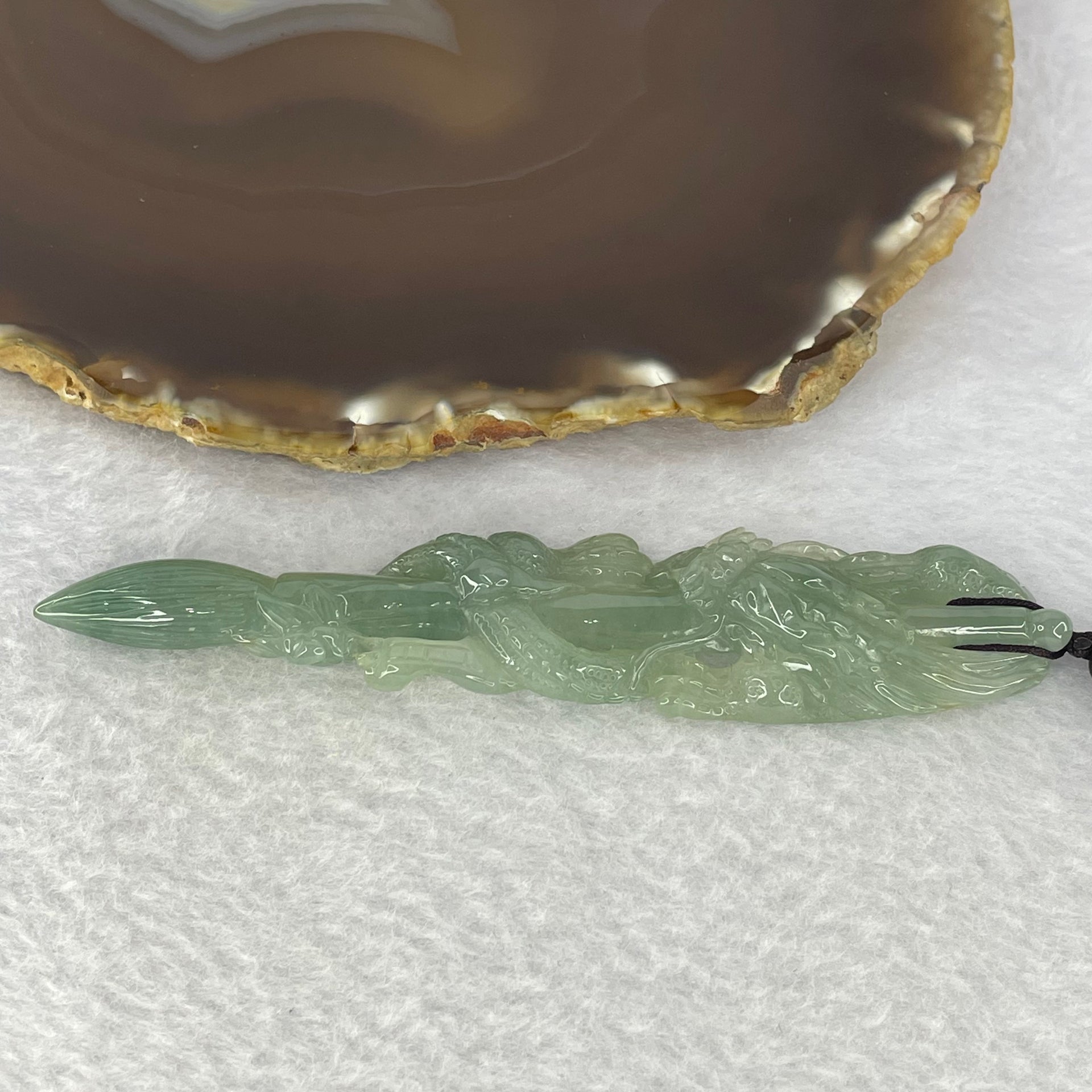 Type A Sky Blue Jadeite Dragon Brush Pendent 24.09g 110.5 by 21.0 by 8.5 mm - Huangs Jadeite and Jewelry Pte Ltd