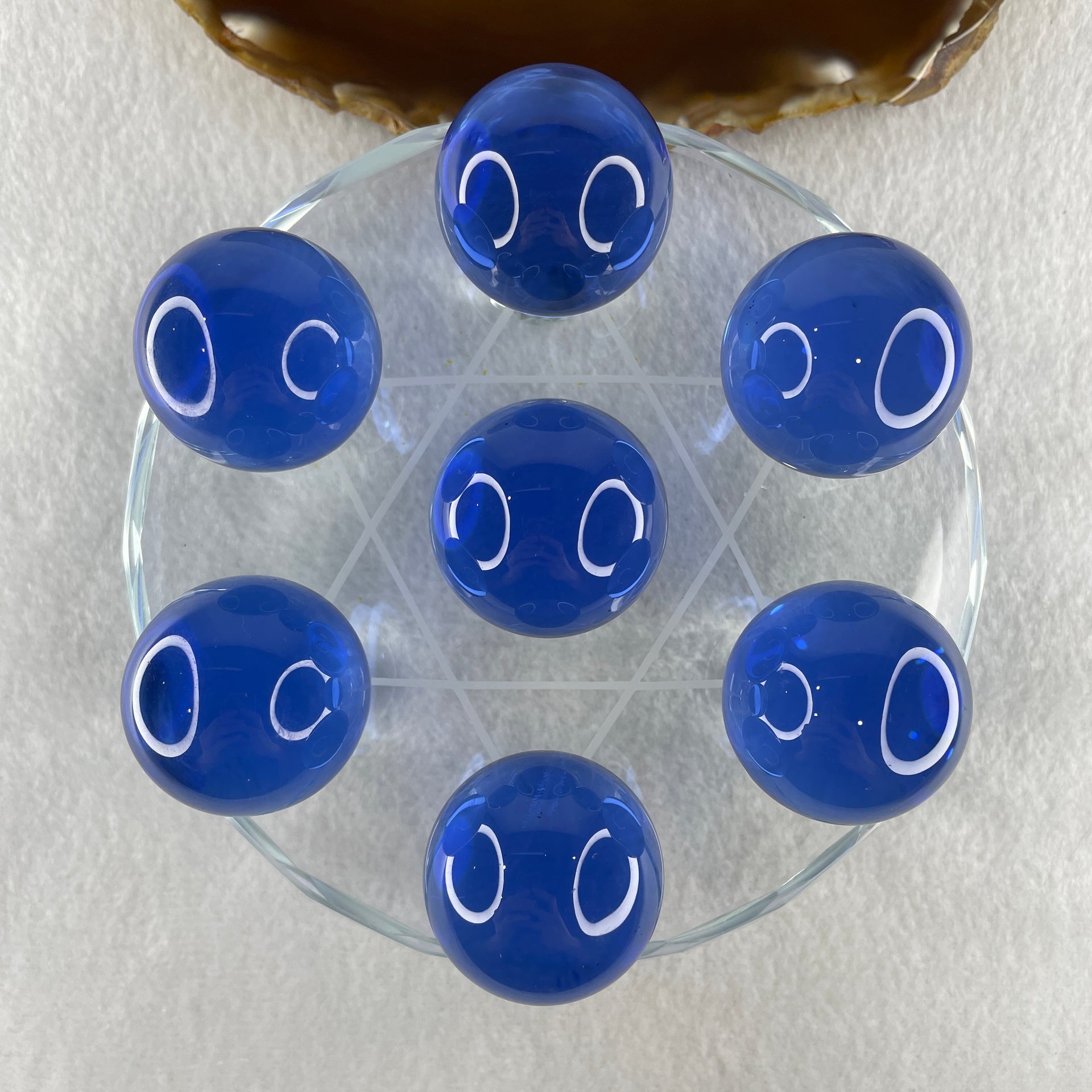 Blue Liuli 7 Sphere Balls 29.4mm Set with 7 Star Base Display 557.3g 119.5 by 55.5mm - Huangs Jadeite and Jewelry Pte Ltd