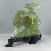 Natural Green Serpentine Magpie Bird with Cricket on Grape with Wooden Stand Display 1,042.7g L195.0 by B105.0 by H180.0 mm - Huangs Jadeite and Jewelry Pte Ltd