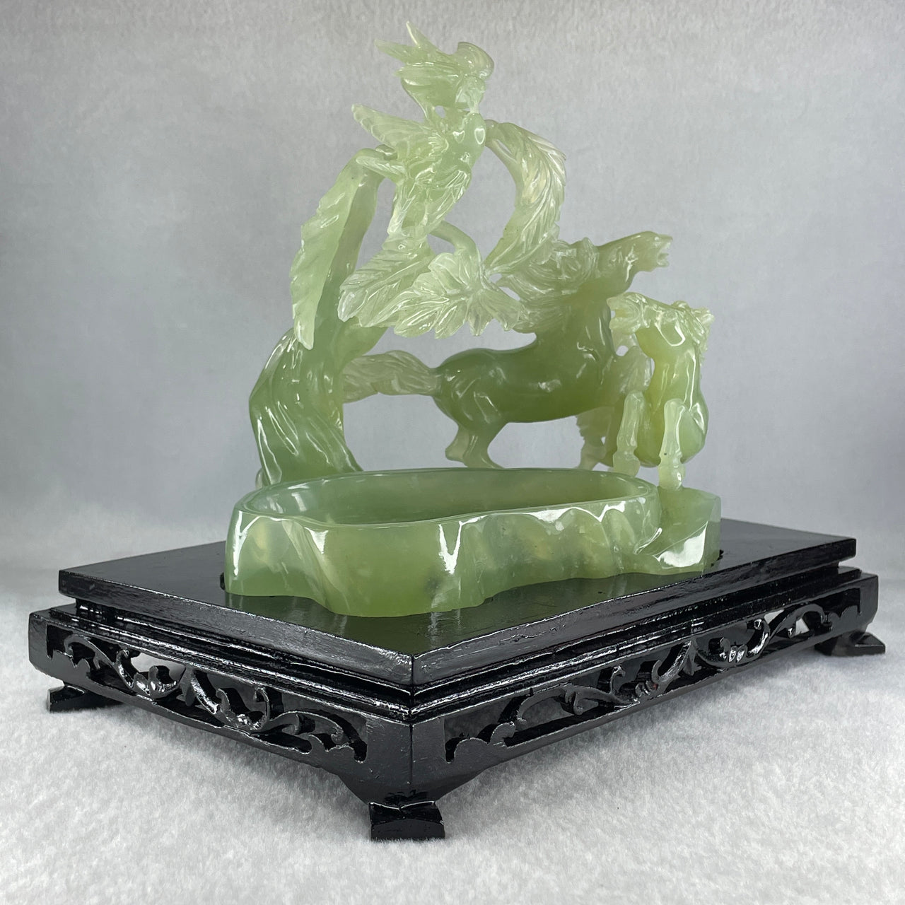 Natural Green Serpentine Double Victory Horses with Twin Birds on Treen and Pond with Wooden Stand Display 1,275.3g 240.0 by 210.0 by 160.0mm - Huangs Jadeite and Jewelry Pte Ltd