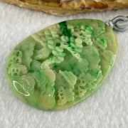 Type A Green with Yellow Spicy Green Piao Hua and Light Brown Patches Jadeite Double Sided Shan Shui with Gui Ren Benefactor Pendant 30.43g 54.0 by 40.8 by 8.4mm - Huangs Jadeite and Jewelry Pte Ltd