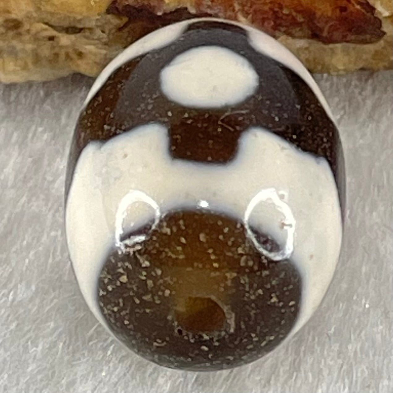 Natural Powerful Tibetan Old Oily Dark Brown With White Agate 3 Eyes Dzi Bead Heavenly Master (Tian Zhu) 三眼天诛 4.41g 17.4 by 12.8mm - Huangs Jadeite and Jewelry Pte Ltd