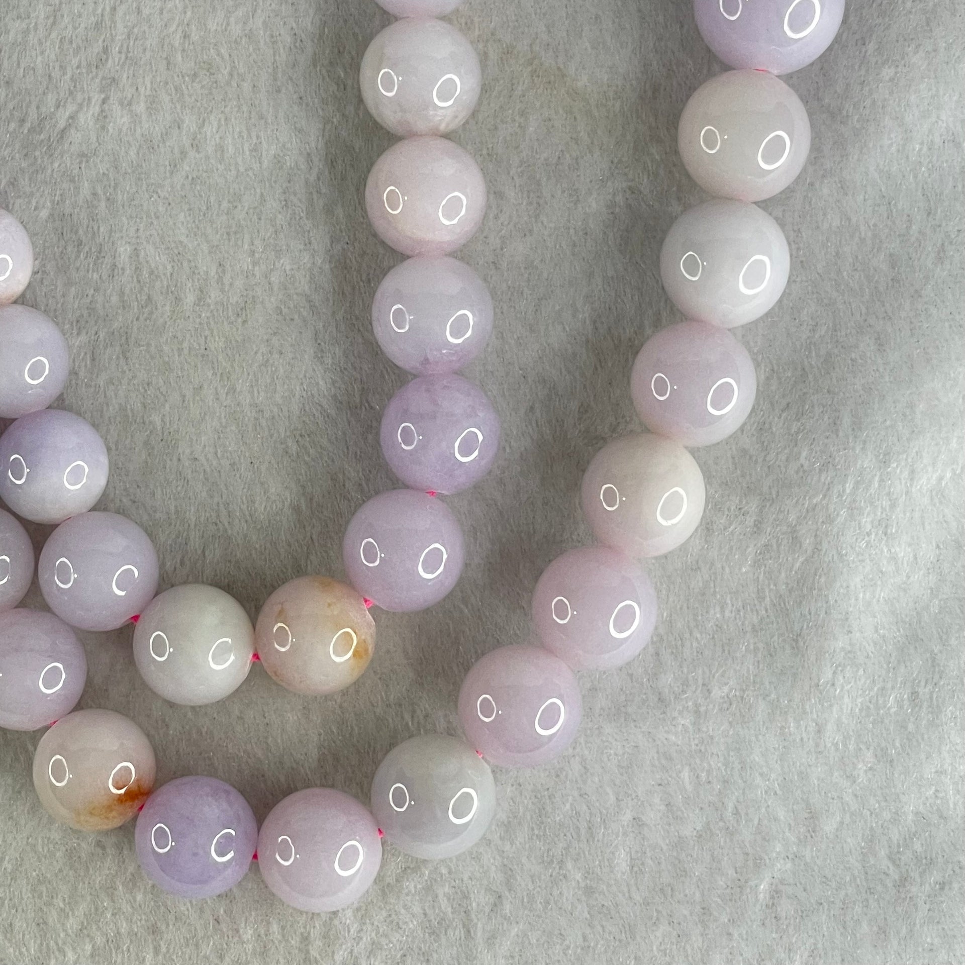 Type A Lavender with Red and Yellow Patches Jadeite Beads Necklace 115.62g 56cm 9.0-14.1mm 53 Beads - Huangs Jadeite and Jewelry Pte Ltd