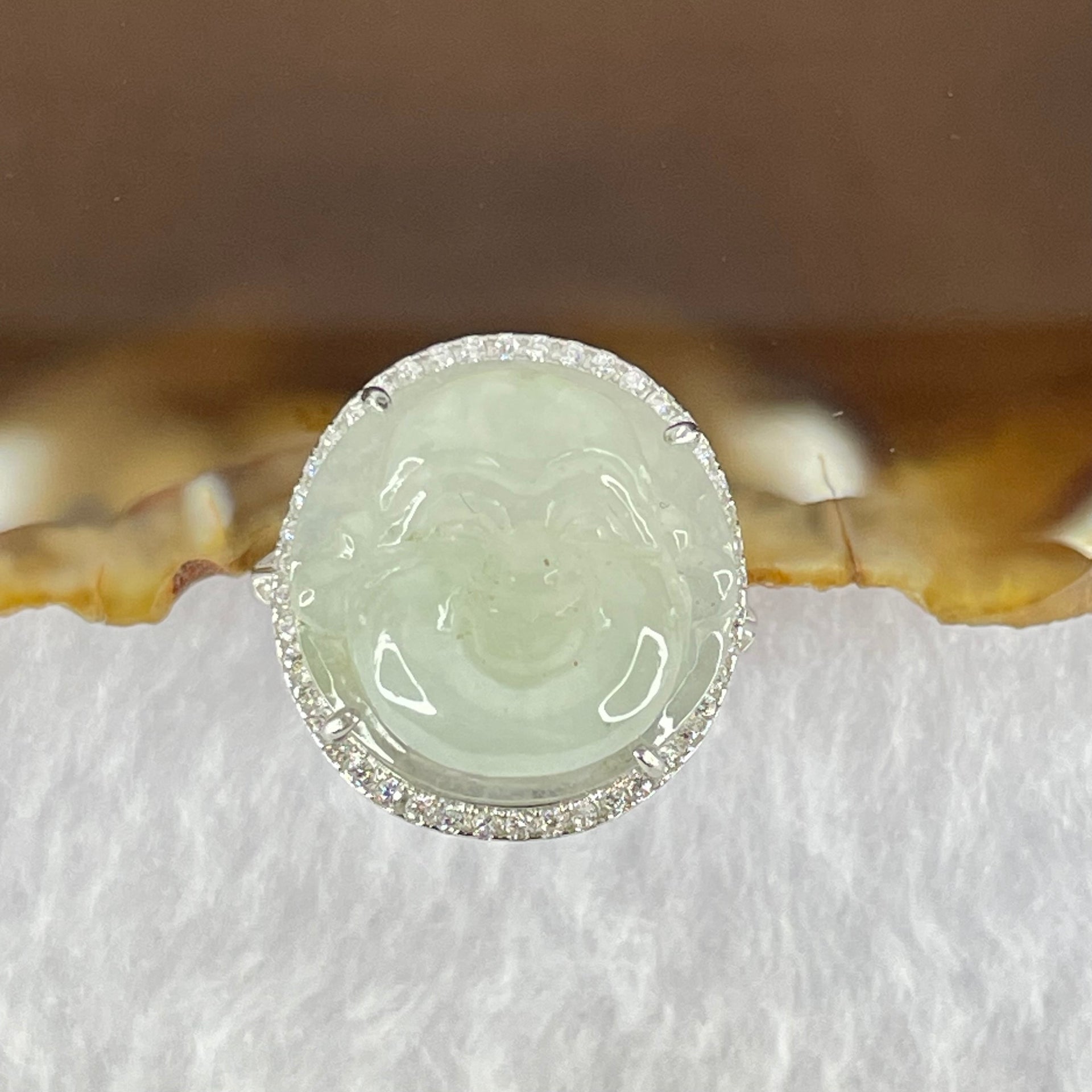 Type A Faint Lavender Green Jadeite Milo Buddha in S925 Ring (Adjustable Size) 5.80g 16.5 by 16.5 by 7.0mm - Huangs Jadeite and Jewelry Pte Ltd