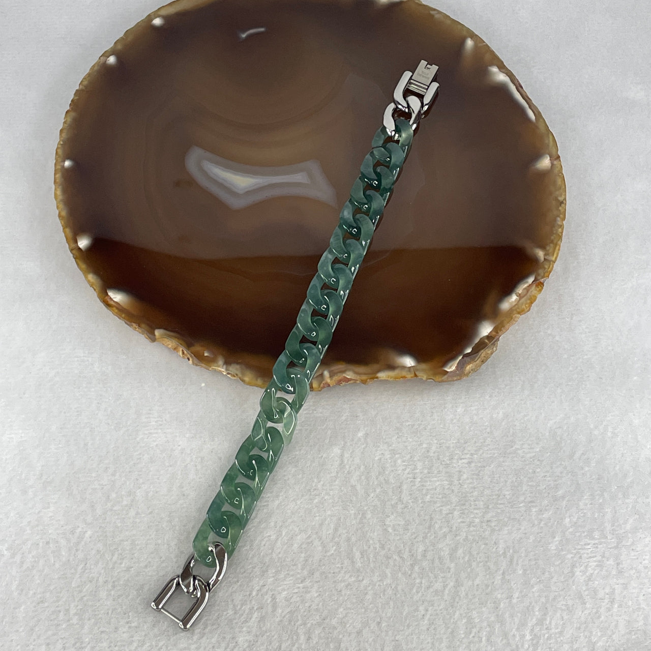 Certified Natural Type A Icy Blueish Green Jadeite Cuban Tennis Bracelet with Stainless Steel Clasp 24.88g Up to 17cm 11.7 by 3.4mm 16 Pcs