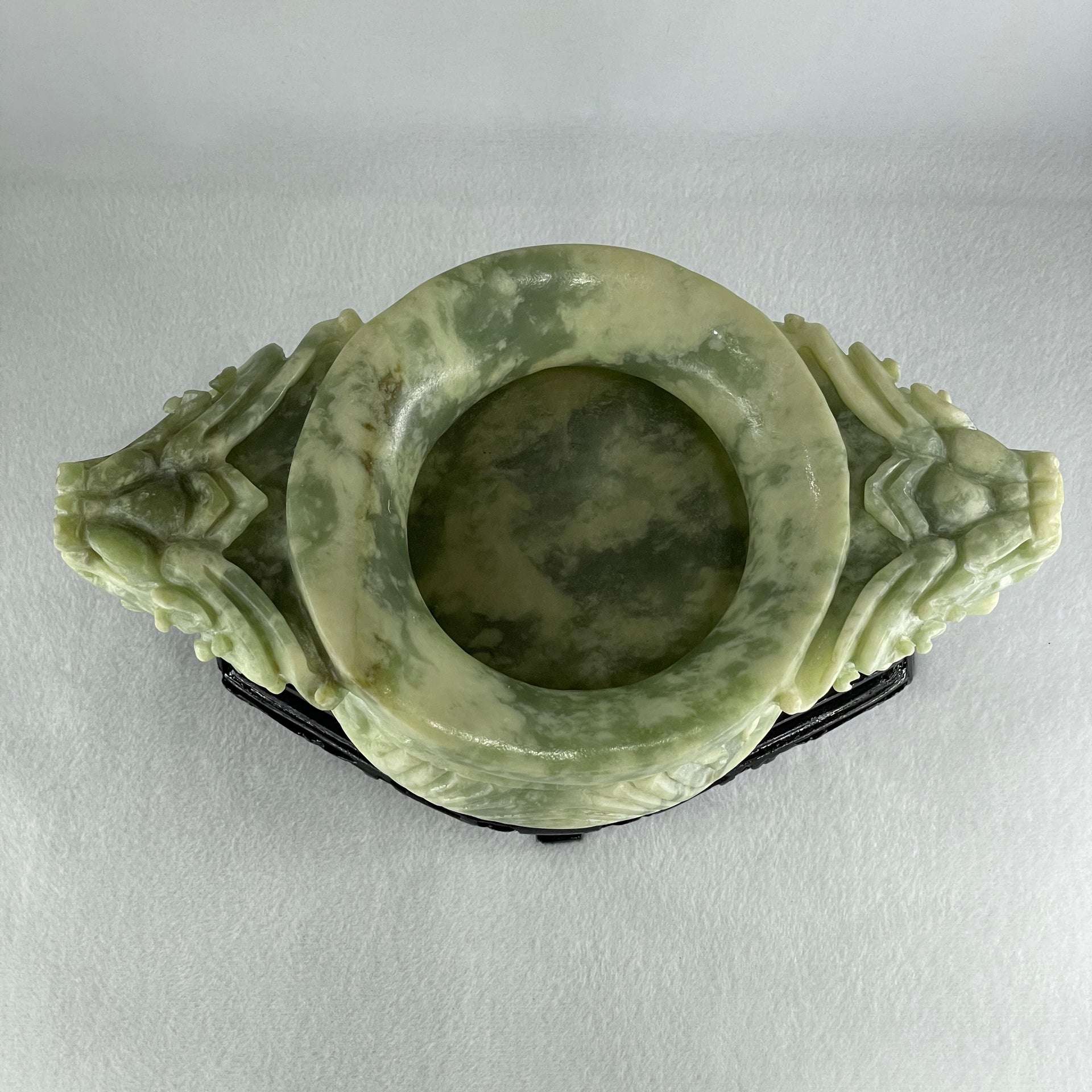 Natural Green with White Piao Hua Serpentine Double Dragon Head on Wealth Pot with Wooden Stand Display 2,463.9g 231.0 by 127.0 by 156.0mm - Huangs Jadeite and Jewelry Pte Ltd