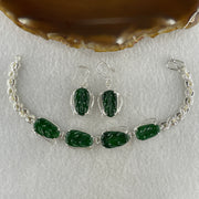 Type A Natural Semi Icy Bright Green Jadeite Leaf Stone for Setting each about 17.1 by 10.3 by 2.5mm (On Silver Earrings 5.41g and Bracelet 16.83g Mold) - Huangs Jadeite and Jewelry Pte Ltd
