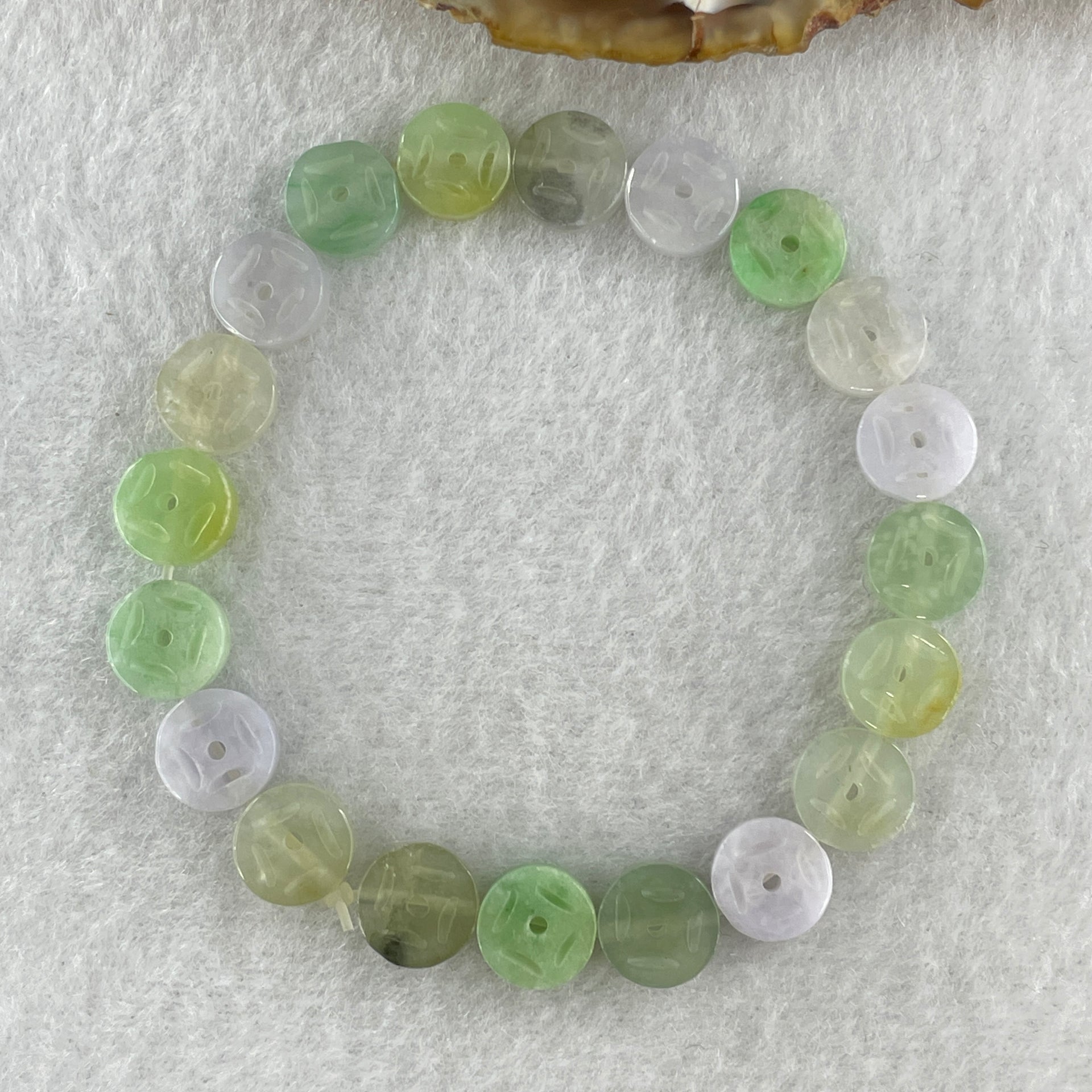 Natural Type A Light Green Light Lavender with Yellow Jadeite Ancient Coin Shape Beads Bracelet 11.58g 16cm 9.1mm 20 Beads - Huangs Jadeite and Jewelry Pte Ltd