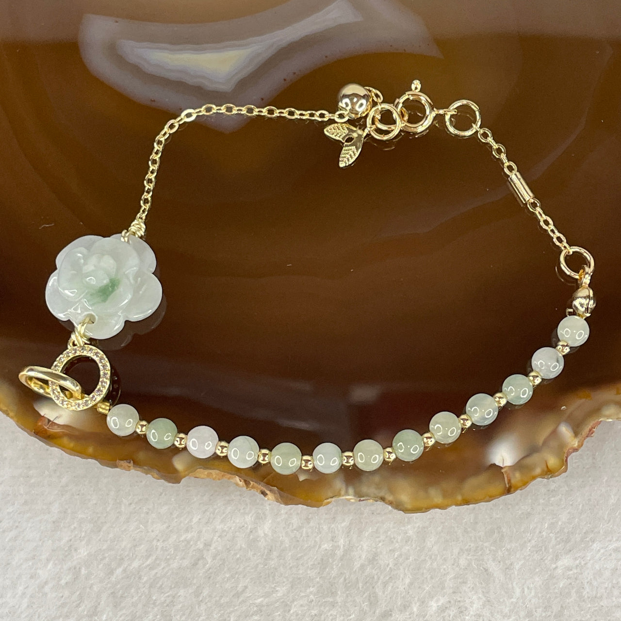 Natural Type A Green Jadeite Peony Flower 15.5x7.1mm Amulet Bracelet | Adjustable 14-18cm Gold-Toned Elegant Layering Chain Luxury Charm (5.54g)
