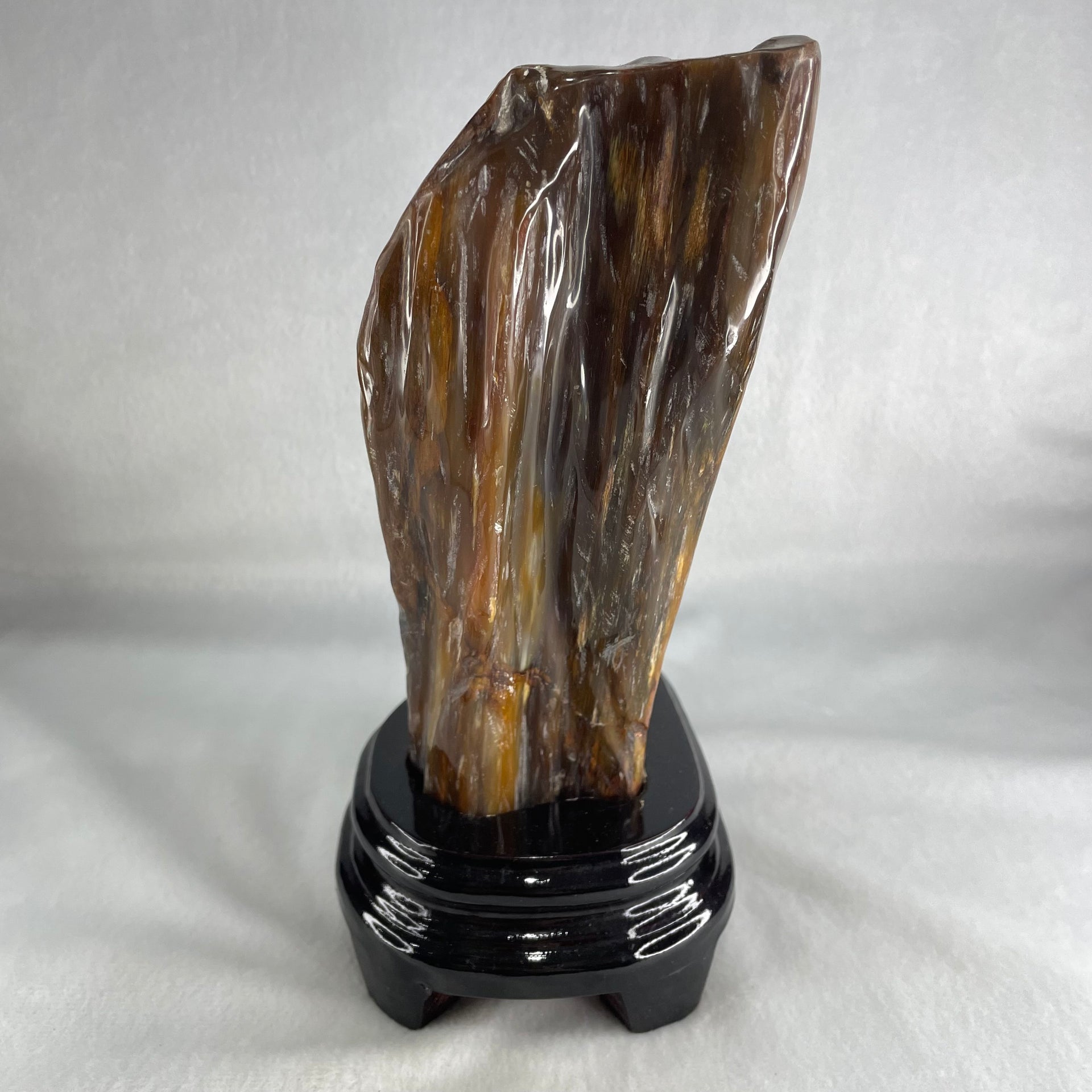 Natural Fossilised Petrified Wood Tower with Wooden Stand Display 1383.4g 190.0 by 124.2 by 105.4 mm - Huangs Jadeite and Jewelry Pte Ltd