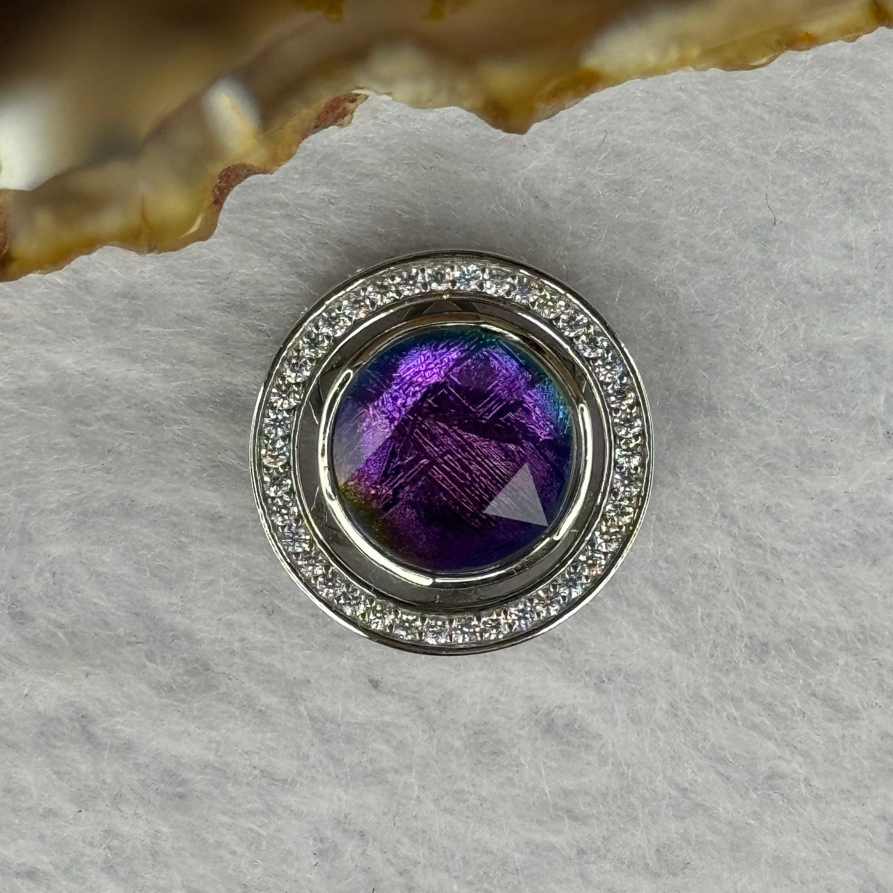 Natural Meteorite Spinning High Energy Feng Shui Charm in S925 Silver with Crystals For Necklace / Bracelet (Purple with Yellow Color) 4.10g 16.8 by 7.3mm - Huangs Jadeite and Jewelry Pte Ltd