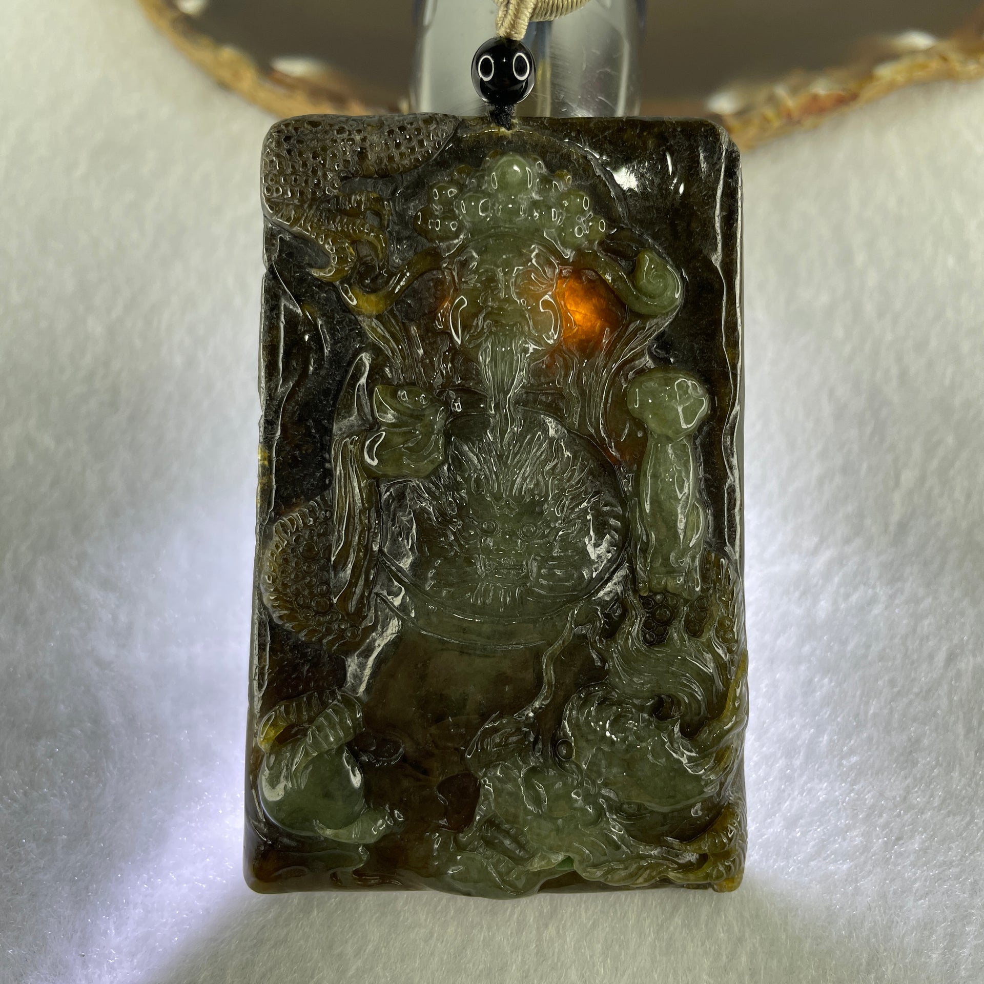 Natural Type A Dark Brown with Blueish Green Jadeite Cai Shen Ye God of Fortune Pendant 69.83g 73.2 by 47.9 by 9.0mm - Huangs Jadeite and Jewelry Pte Ltd