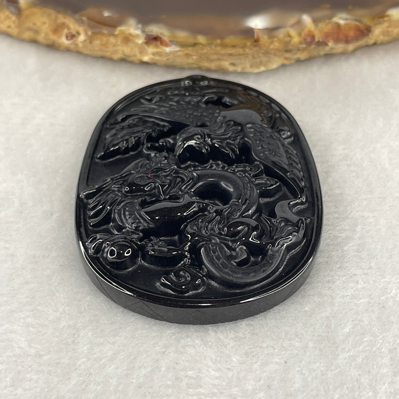 Certified Natural Type A Black Omphacite Jadeite Dragon with Phoenix Pendant 18.54g 50.1 by 38.3 by 7.5mm