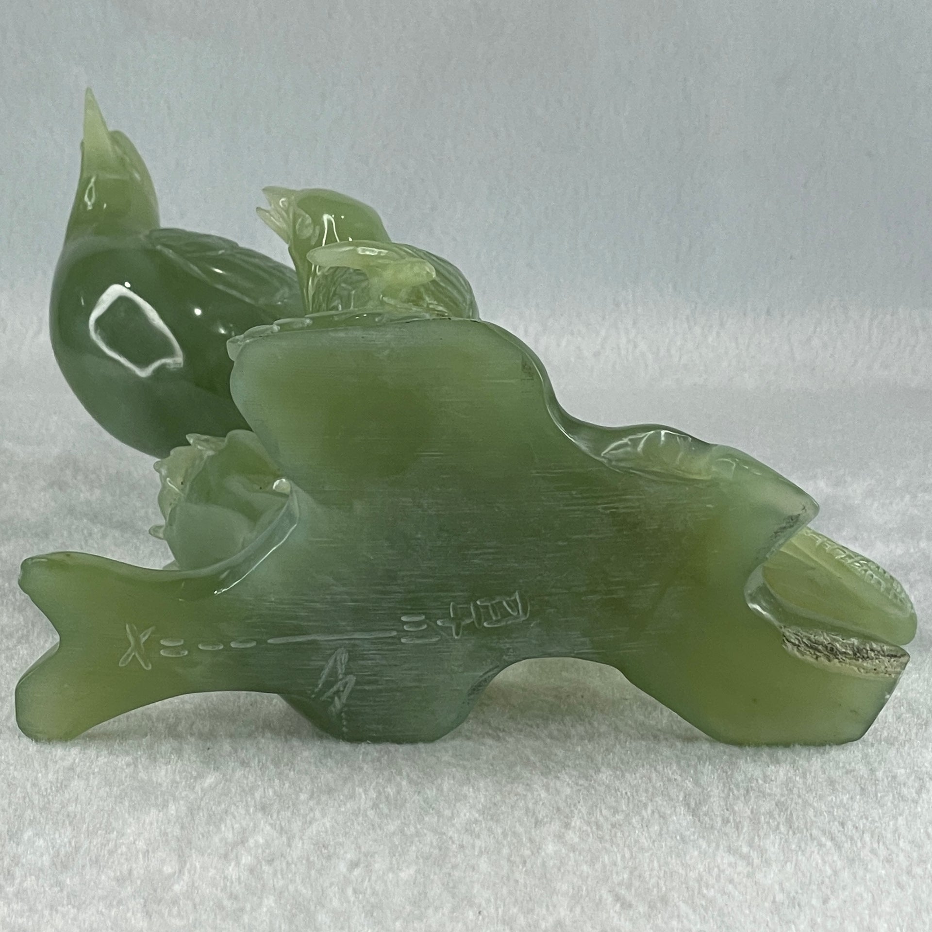 Natural Green Serpentine Double Phoenix on Tree with Wooden Stand Display 725.5g 169.0 by 210.0 by 112.0mm - Huangs Jadeite and Jewelry Pte Ltd