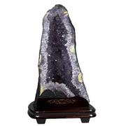 Natural Triangular Shape Amethyst Cave with Wooden Display 18,923.1g 300.0 by 280.0 by 500.0mm - Huangs Jadeite and Jewelry Pte Ltd