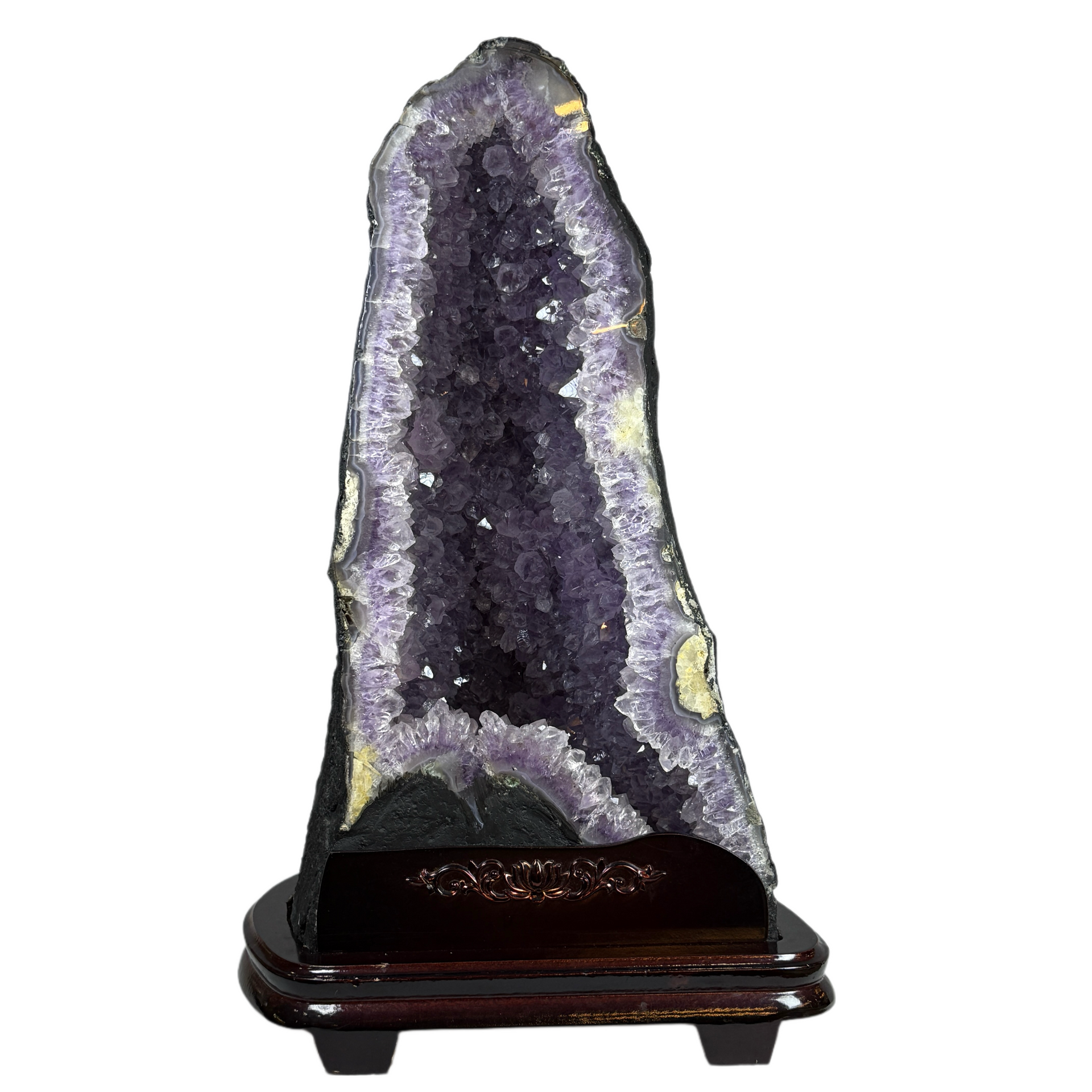 Natural Triangular Shape Amethyst Cave with Wooden Display 18,923.1g 300.0 by 280.0 by 500.0mm - Huangs Jadeite and Jewelry Pte Ltd