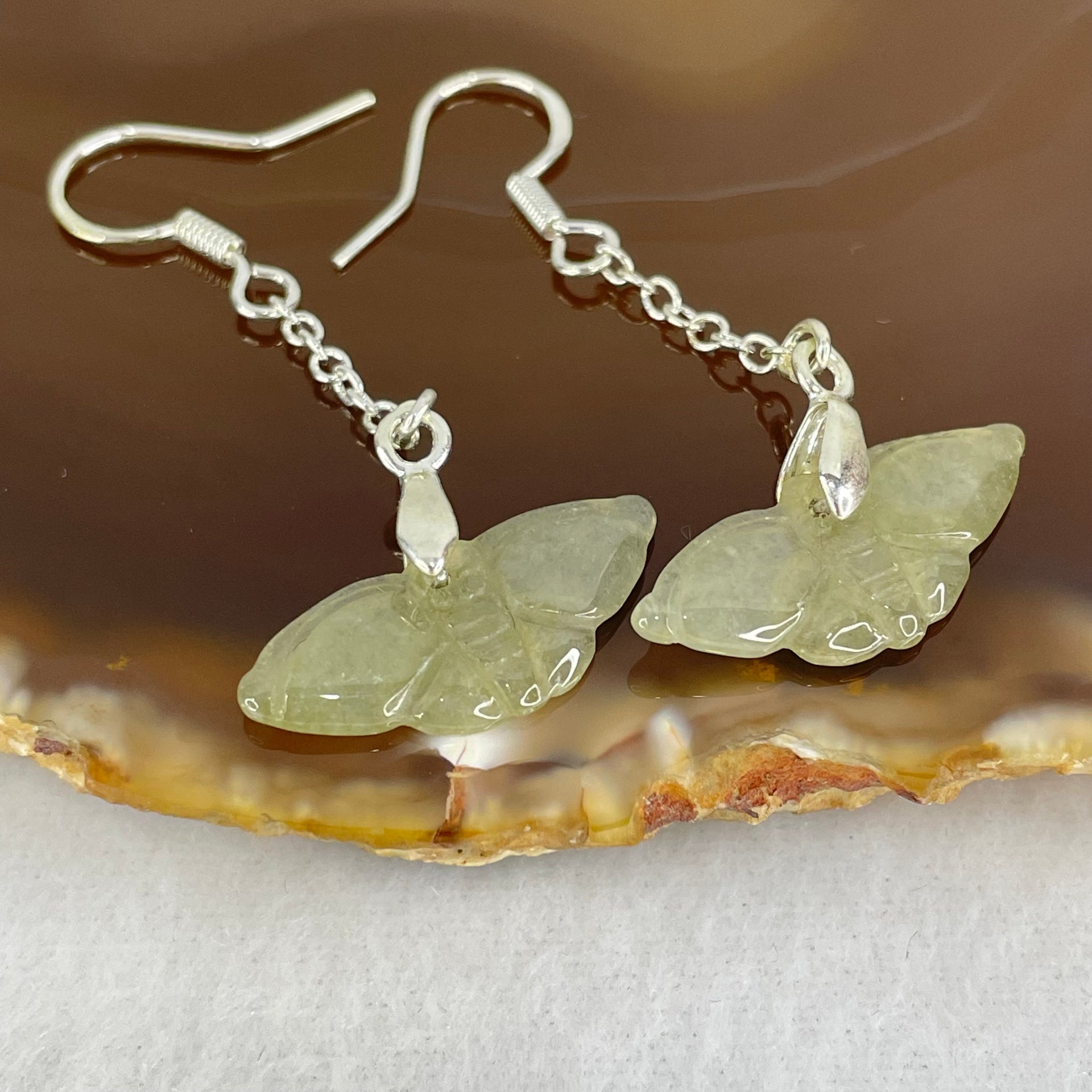 Type A Icy Brownish Green Jadeite Butterfly in S925 Sliver Earrings 2.43g 22.7 by 9.7 by 2.1mm - Huangs Jadeite and Jewelry Pte Ltd