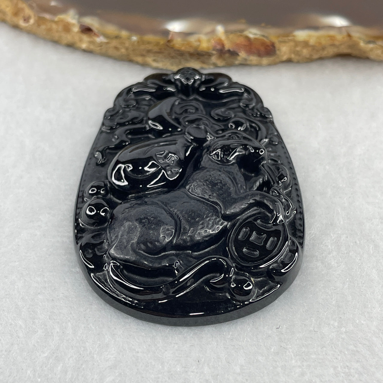 Certified Type A Opaque Black Omphacite Jadeite Rat with Bat & Coin Pendant | Wealth & Rat Zodiac Fortune Amulet (24.51g | 59.7 x 39.8 x 8.0mm)
