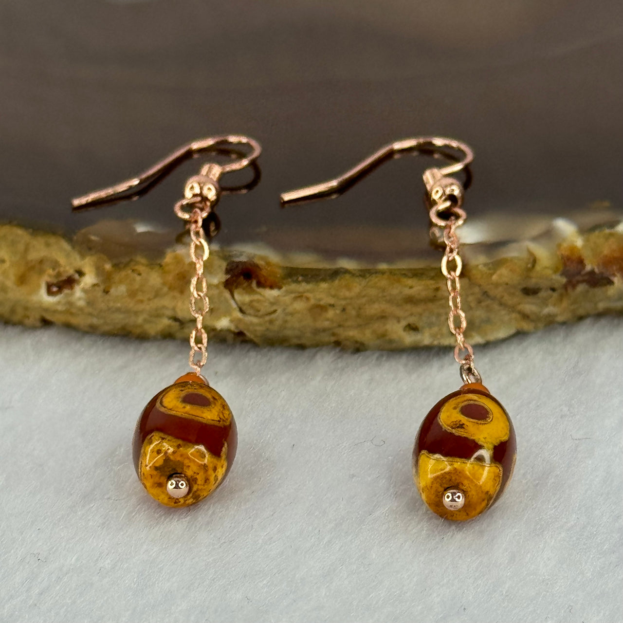 Natural Powerful Tibetan Old Oily Red Yellowish White Agate 3 Eyes Dzi Bead Heavenly Master (Tian Zhu) 三眼天诛 in S925 Sliver Rose Gold Color Earrings 2.92g 11.8 by 8.2mm - Huangs Jadeite and Jewelry Pte Ltd