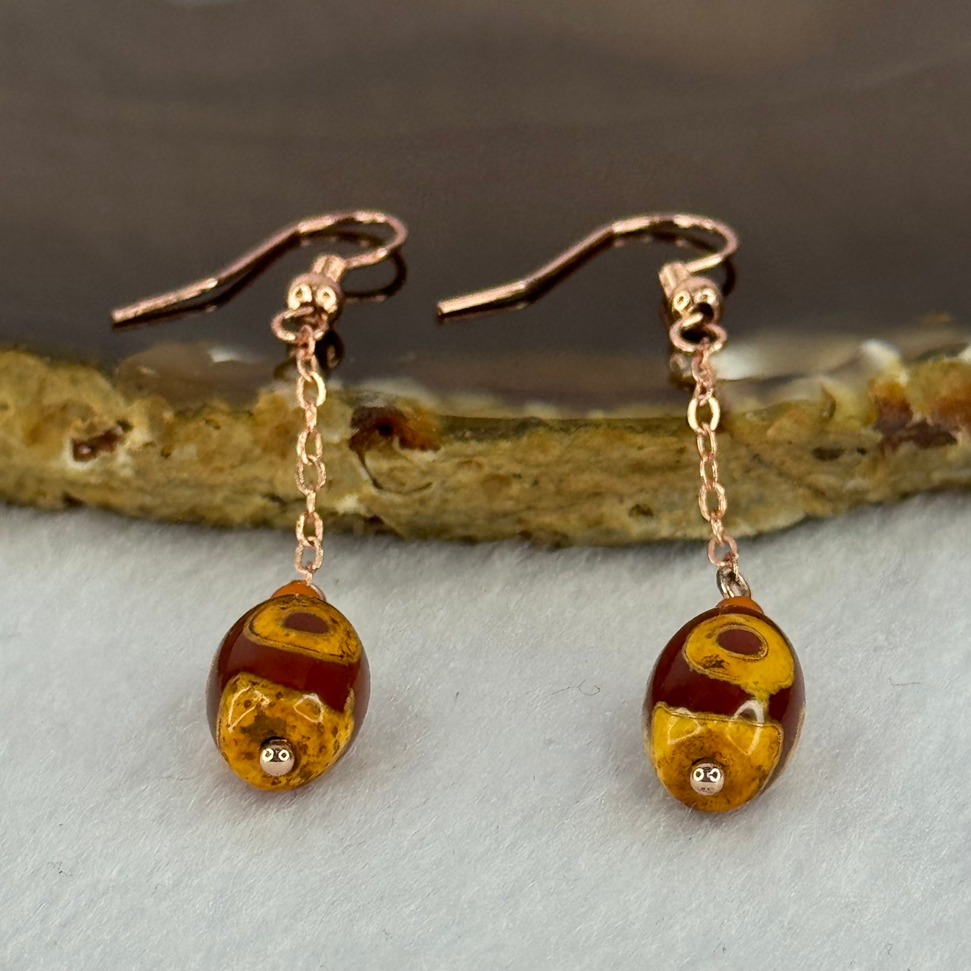 Natural Powerful Tibetan Old Oily Red Yellowish White Agate 3 Eyes Dzi Bead Heavenly Master (Tian Zhu) 三眼天诛 in S925 Sliver Rose Gold Color Earrings 2.92g 11.8 by 8.2mm - Huangs Jadeite and Jewelry Pte Ltd