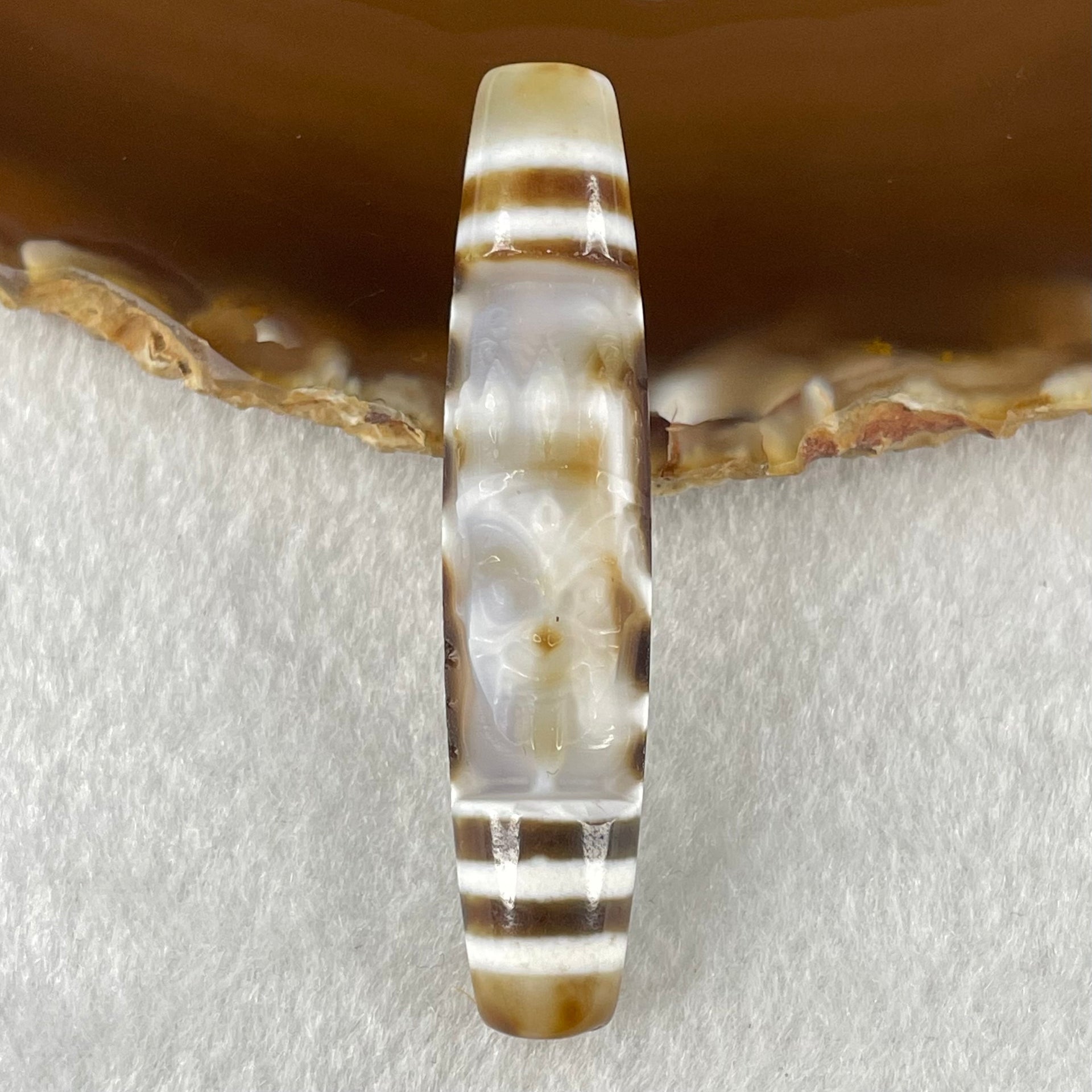 Natural Powerful Tibetan Old Oily Agate 2 Eye with Zha Ji La Mu Female Cai Shen Carvings Dzi Bead Heavenly Master (Tian Zhu) 两眼扎基拉姆女财神天诛 11.98g 57.3 by 12.5mm - Huangs Jadeite and Jewelry Pte Ltd