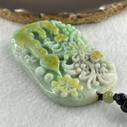 Natural Type A Blueish Green with Yellow Jadeite Buddha and Flowers with People Seeking for Enlightenment Pendant 87.75g 72.8 by 45.7 by 11.8mm - Huangs Jadeite and Jewelry Pte Ltd