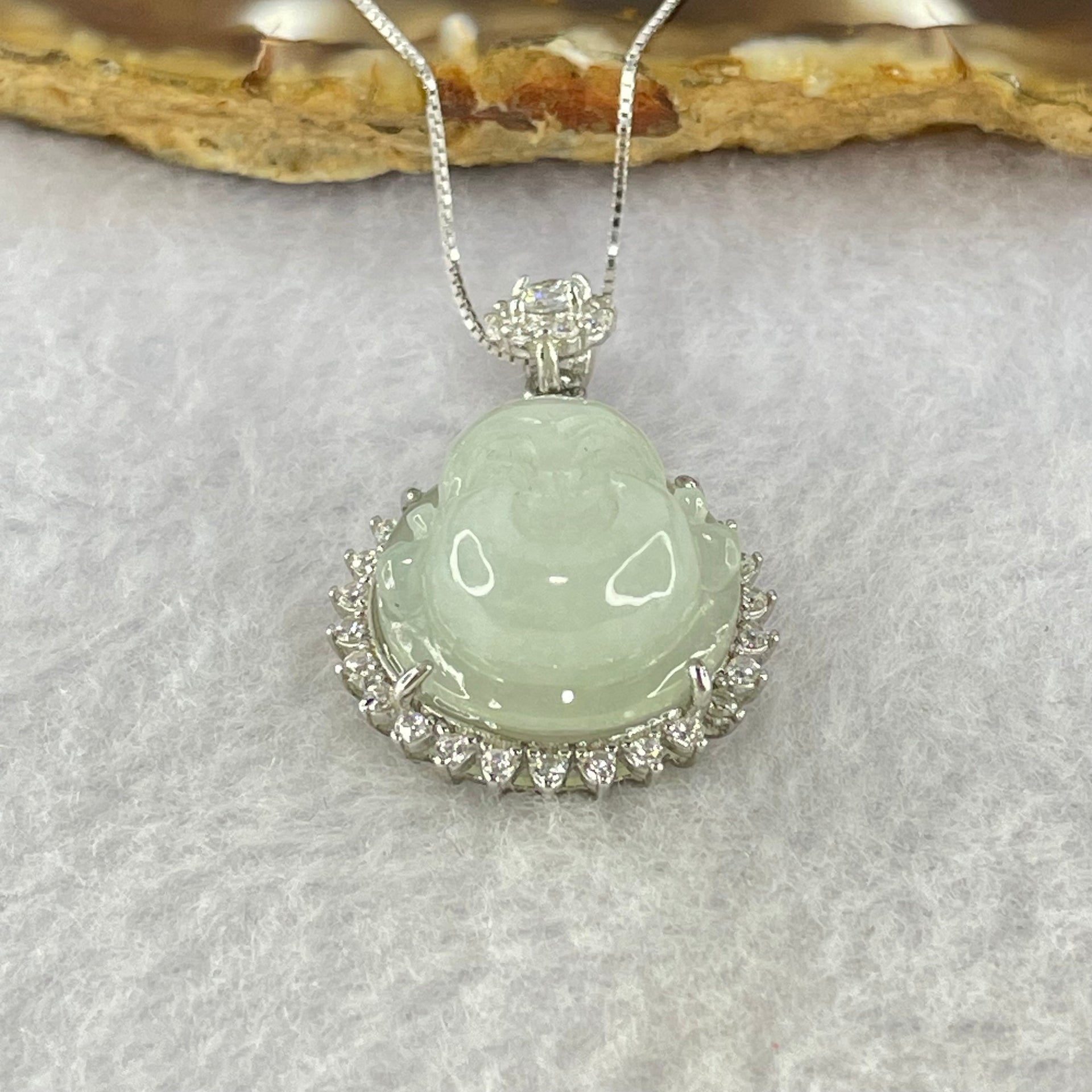 Type A Faint Lavender to White Milo Buddha with Crystals in S925 Sliver Pendant and Necklace 7.47g 16.8 by 16.8 by 9.0mm - Huangs Jadeite and Jewelry Pte Ltd