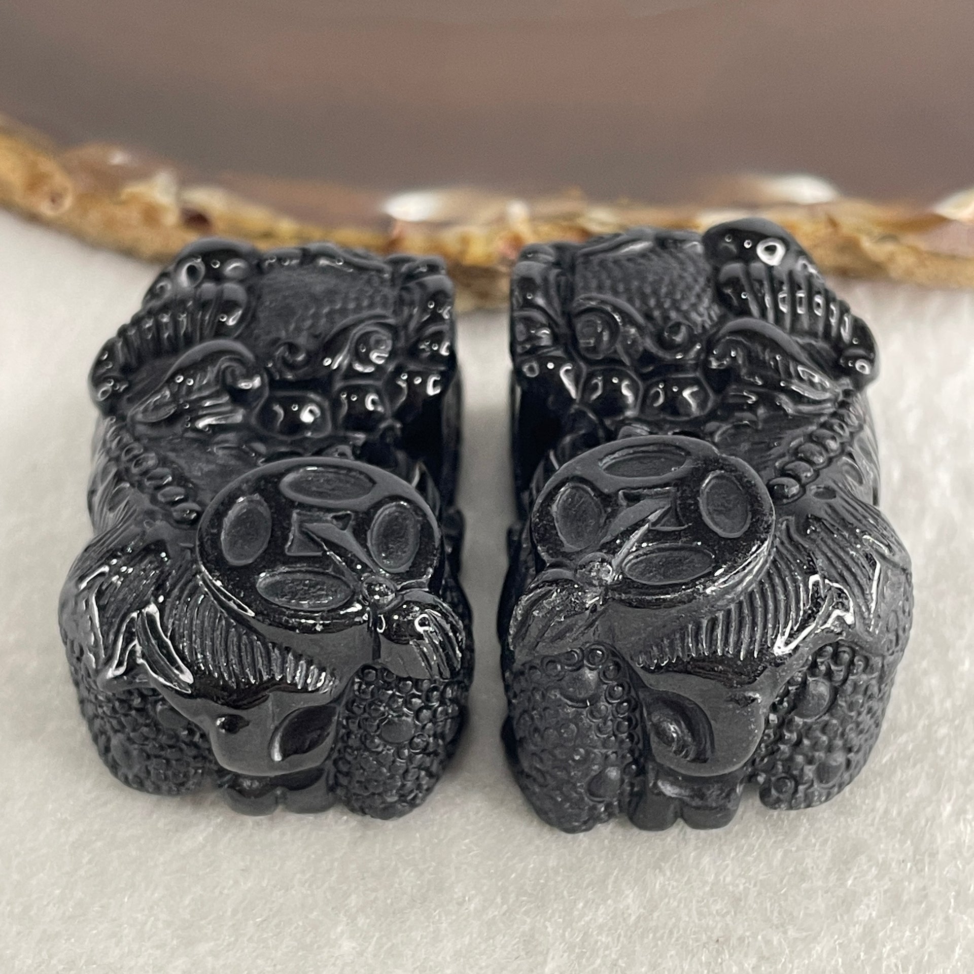 Certified Natural Type A Black Omphacite Jadeite Pixiu pair Pendant Each About 62.82g 49.5 by 28.0 by 21.6mm And 58.24g 50.2 by 28.5 by 19.9mm - Huangs Jadeite and Jewelry Pte Ltd