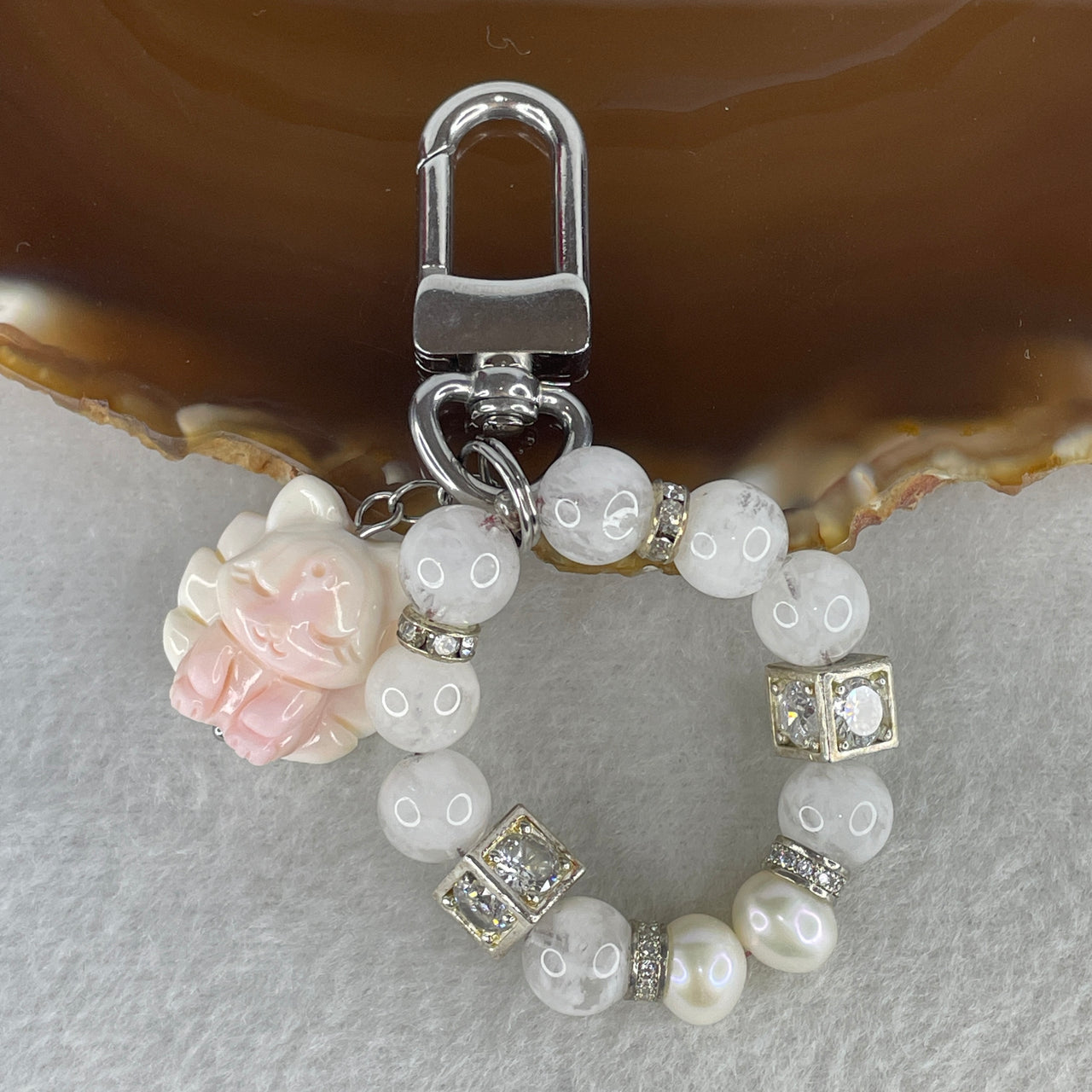 Natural White Quartz 8 Beads & Sparkling Cubic Zirconia Key Chain with Pink Agate Nine-Tailed Fox | Luminous Romantic "Nine-Tail Fox" Charisma & Abundance Luxury Charm (26.61g, 8.8mm)