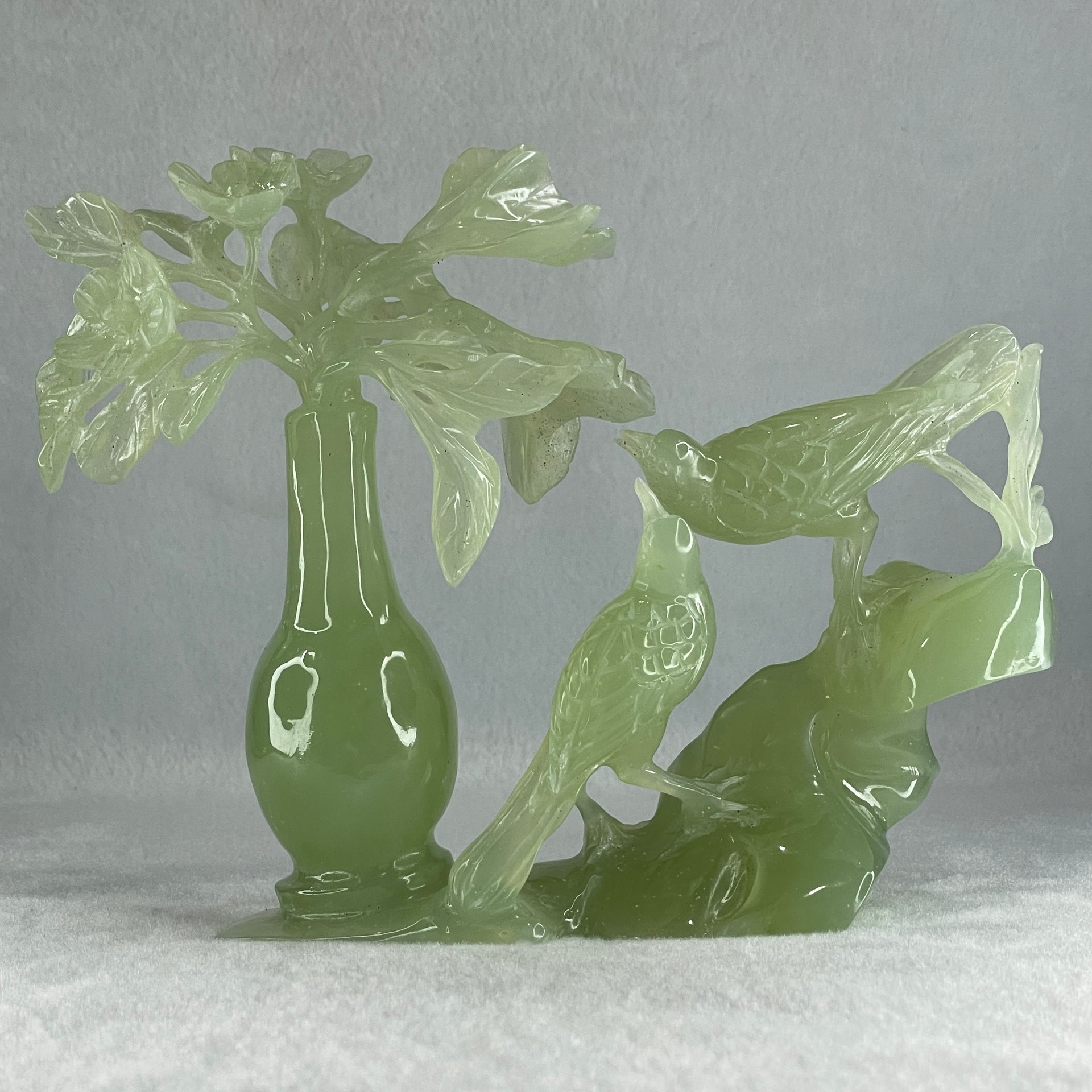Natural Green Serpentine Double Magpies Birds on Mountain with Flower on Vase with Wooden Stand Display 553.8g 180.0 by 95.0 by 170.0mm - Huangs Jadeite and Jewelry Pte Ltd