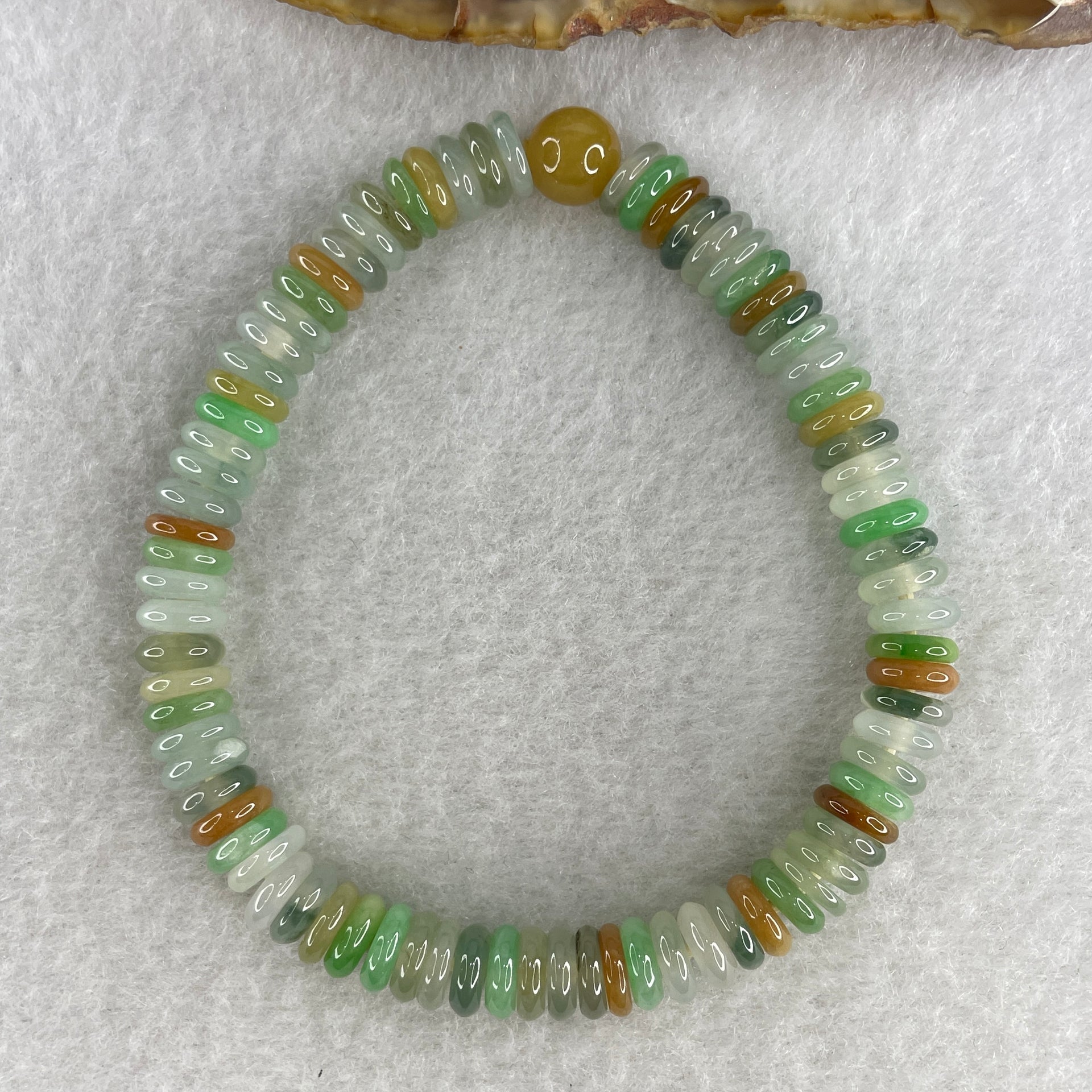 Natural Type A Muti Color Green with Yellow Blueish Green Colorless Jadeite Donut Beads Bracelet 19.89g 16cm 7.1mm 80 Pcs - Huangs Jadeite and Jewelry Pte Ltd