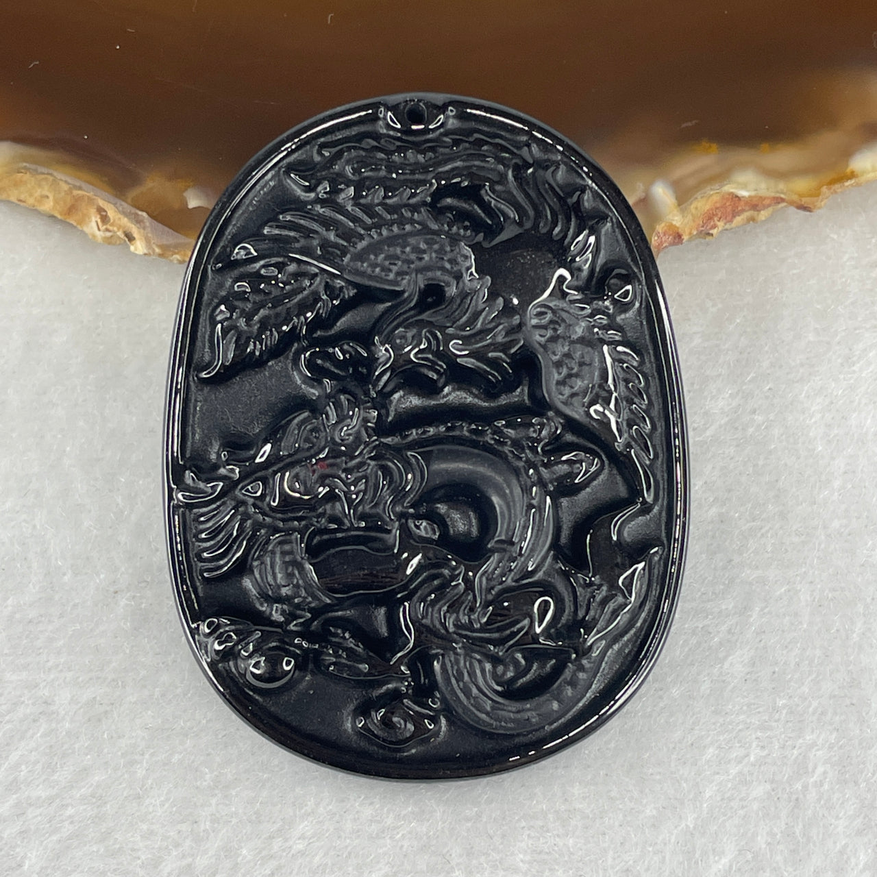 Certified Natural Type A Black Omphacite Jadeite Dragon with Phoenix Pendant 18.54g 50.1 by 38.3 by 7.5mm