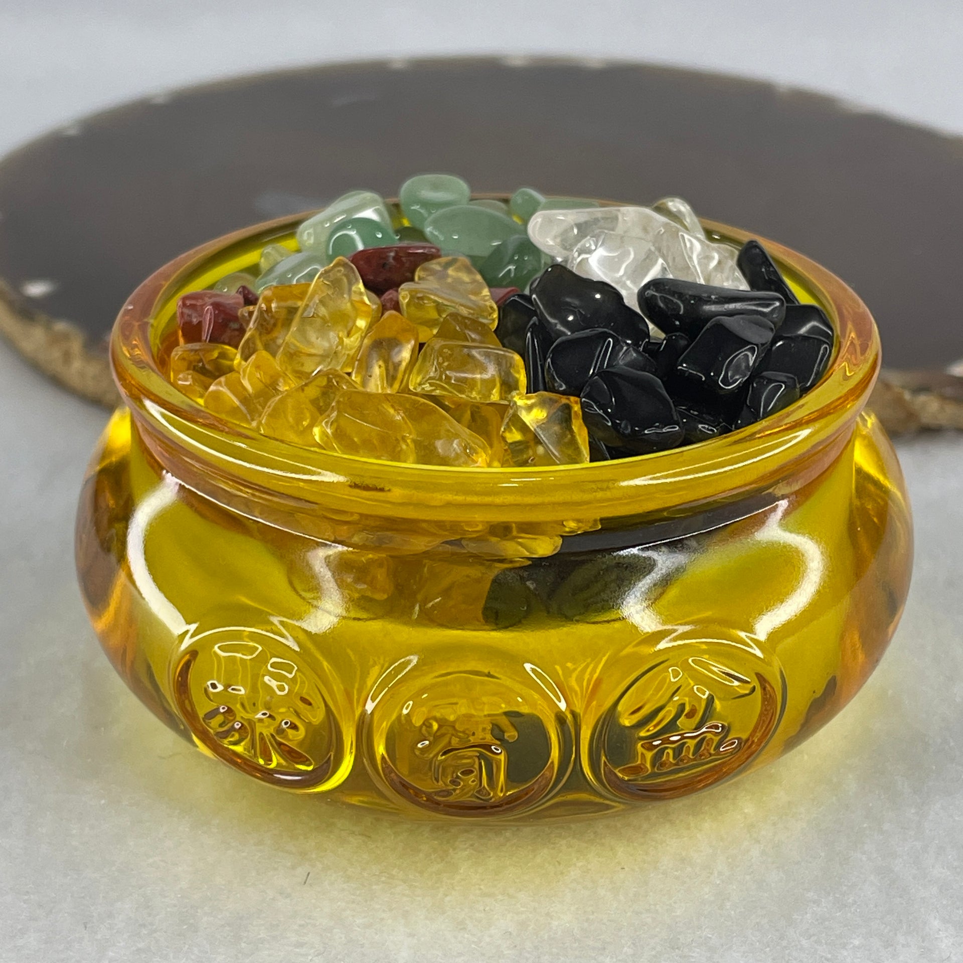 Yellow Liuli Wealth Pot with Five Element Crystal Fragment (Clear Quartz, Black Obsidian, Red Jasper, Citrine, Serpentine) Display Total Weight 336.49g 79.8 by 40.8mm - Huangs Jadeite and Jewelry Pte Ltd