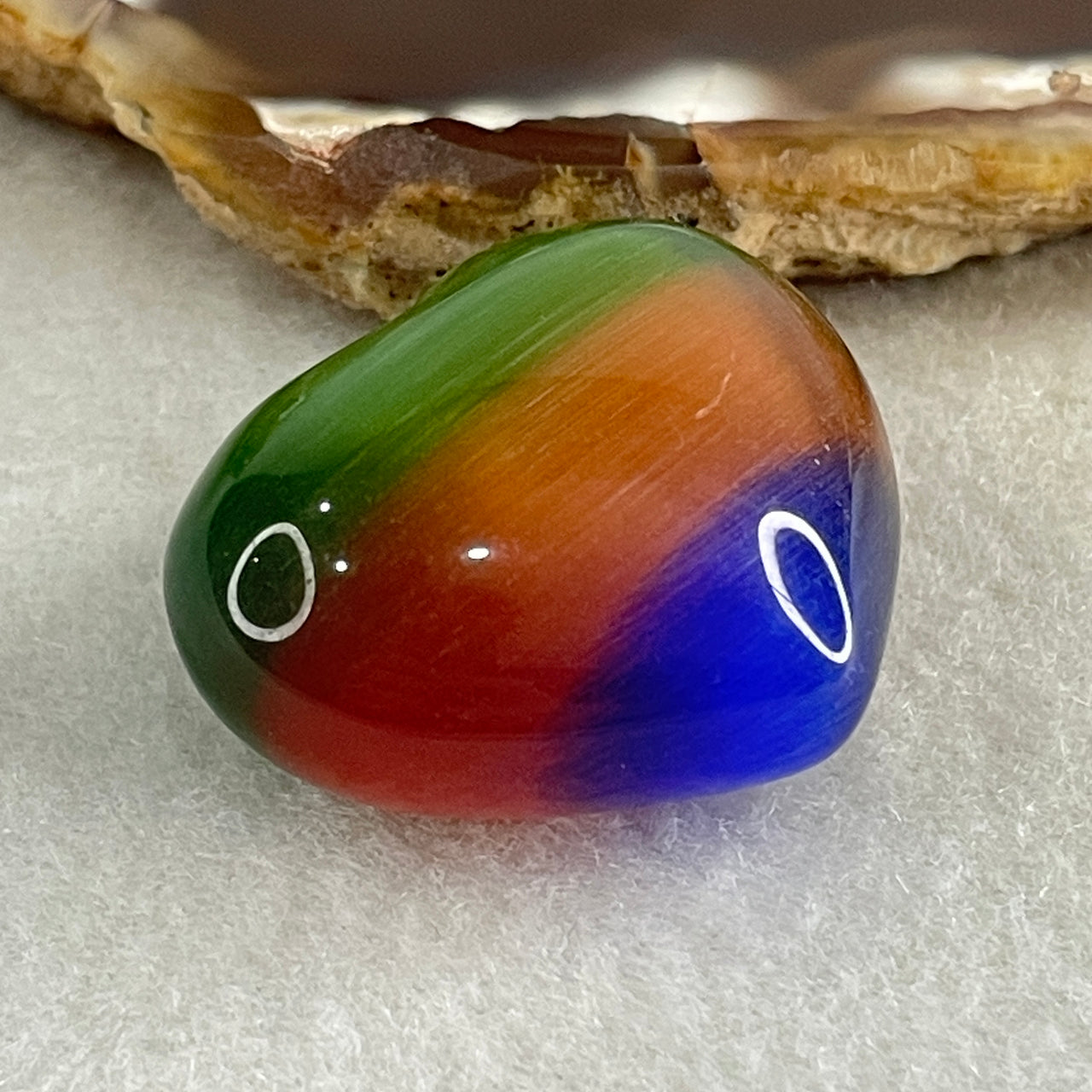 Natural Green with Red and Blue Cats Eye Glass Mini Heart Shape Display 17.49g 30.3 by 25.4 by 16.1mm - Huangs Jadeite and Jewelry Pte Ltd