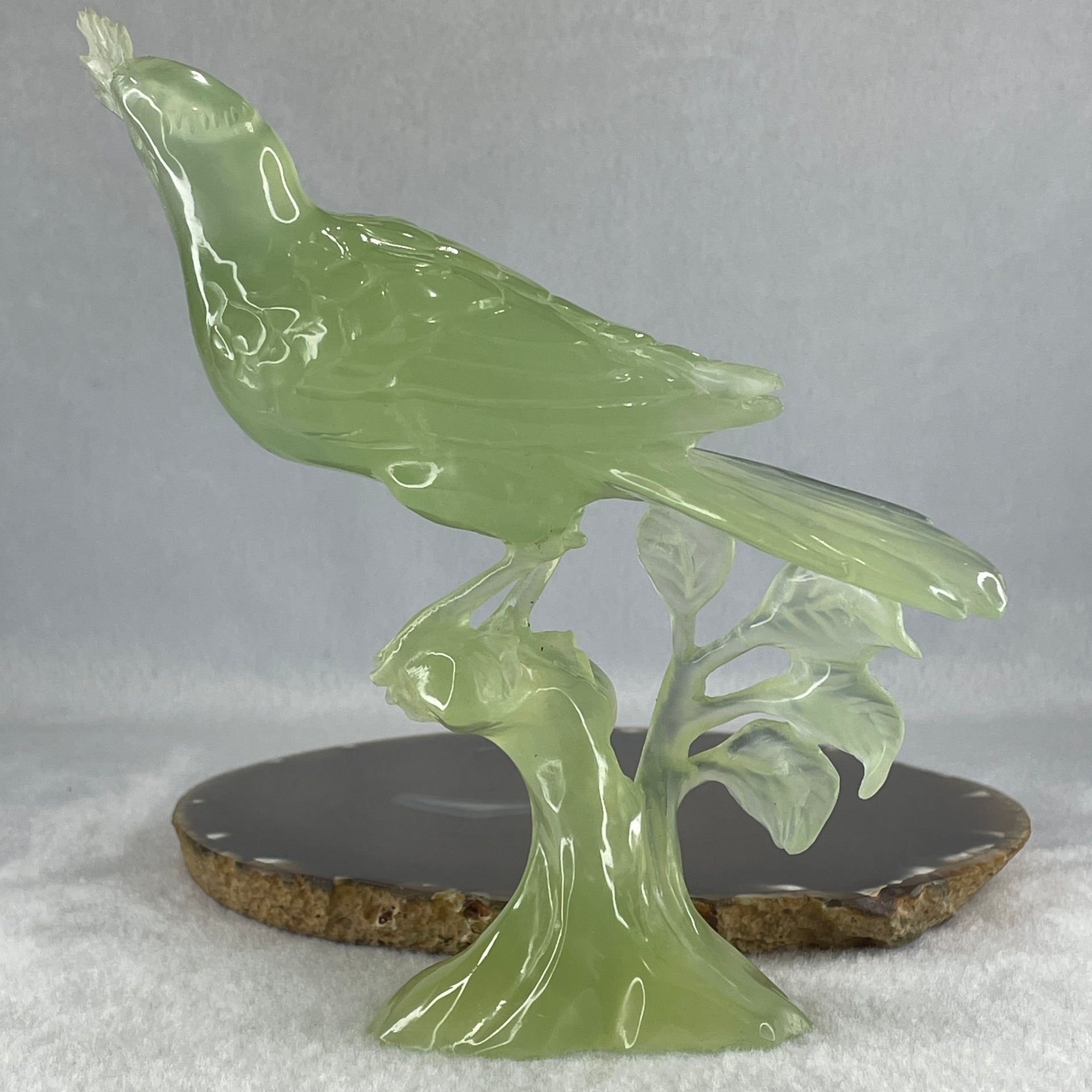 Natural Green Serpentine Bird on Plant with Wooden Stand Display 361.9g 150.0 by 80.0 by 180.0mm - Huangs Jadeite and Jewelry Pte Ltd