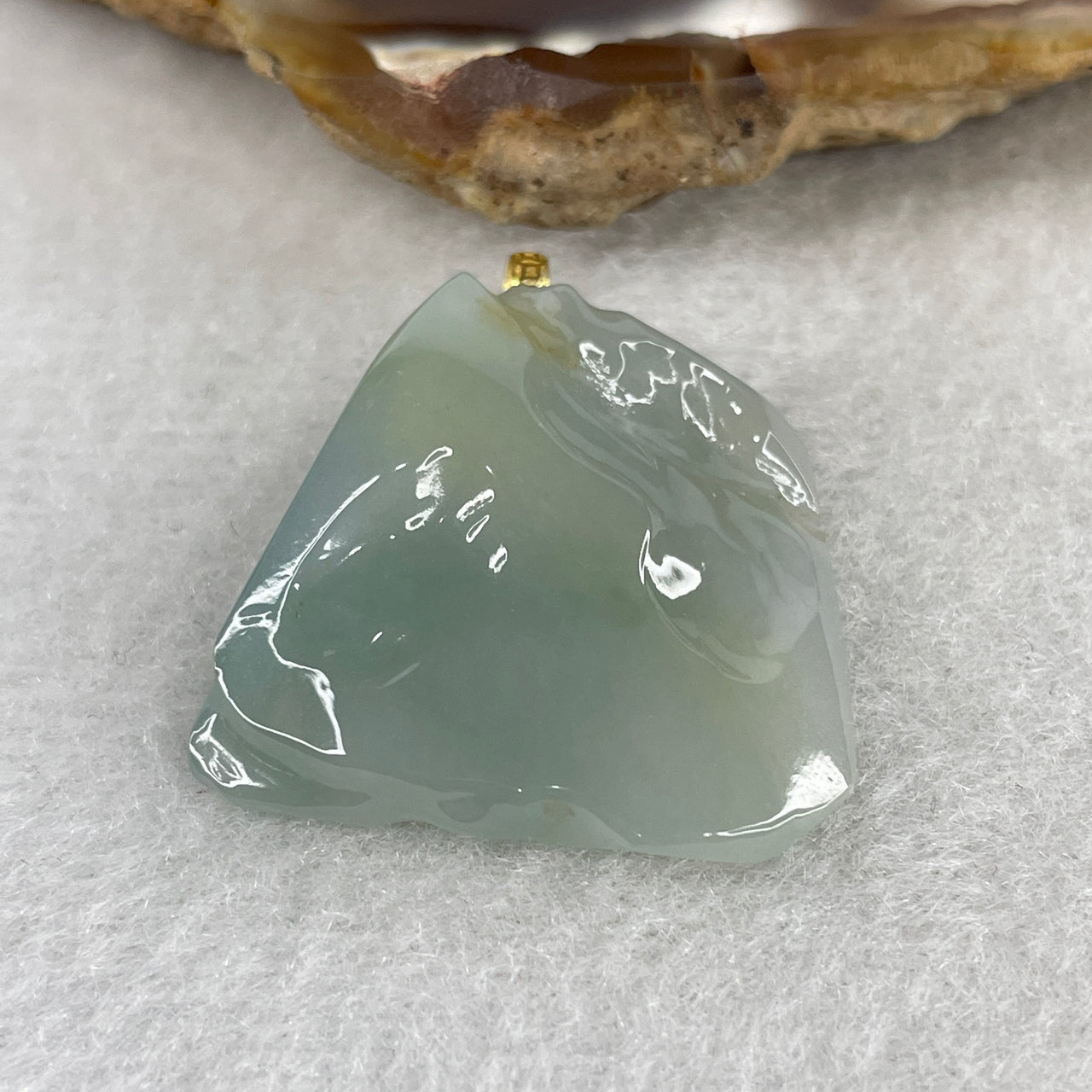 Natural Type A Semi-Icy Light Blueish Green Jadeite Raw Rough Pendant | Solid 18K 750 Yellow Gold Clasp Luxury Organic Nugget Statement Amulet (8.99g 27.1x27.5x9.1mm)